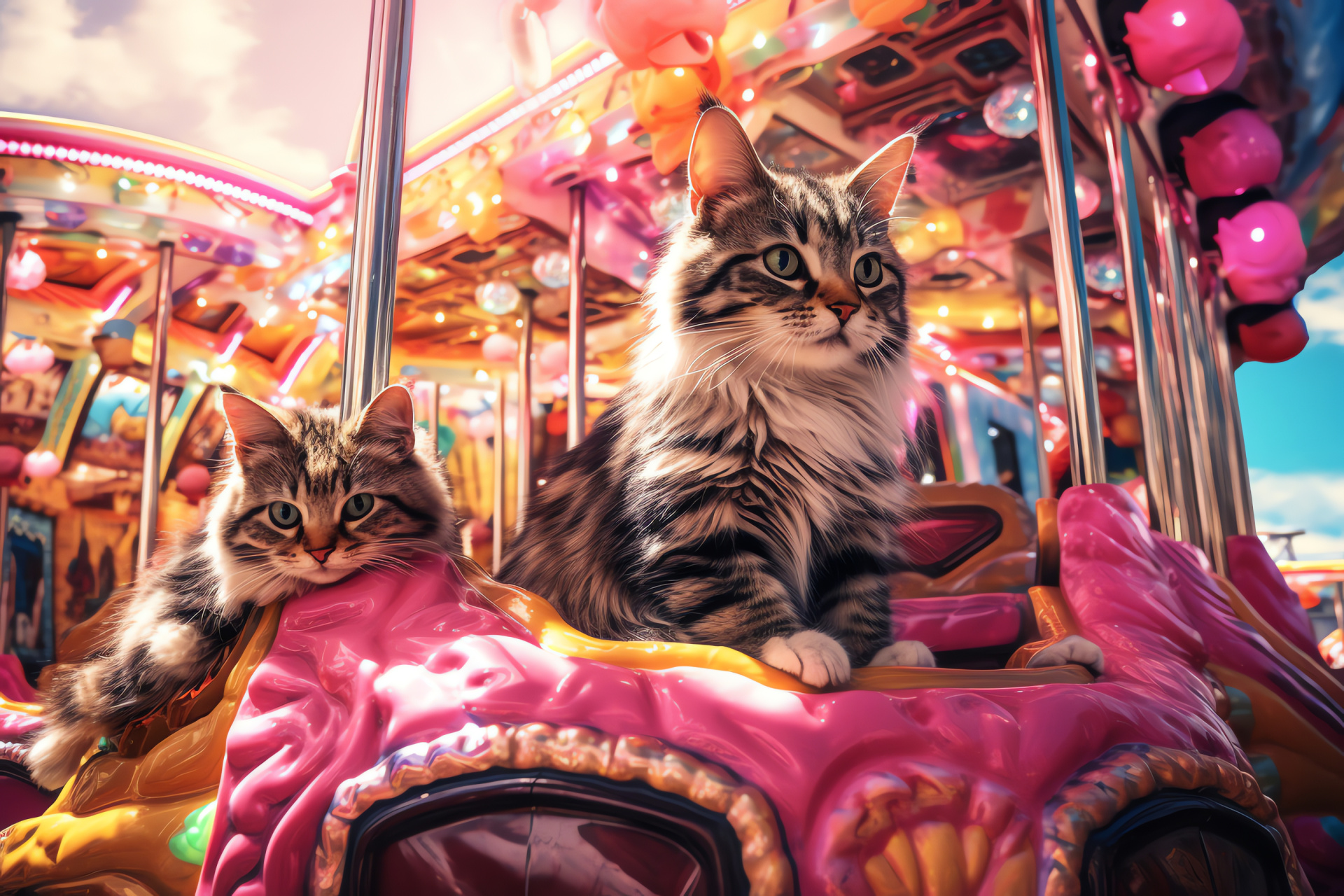 Cat carnival, Amusement rides, Festive attractions, Whirling machines, Feline funfair, HD Desktop Image