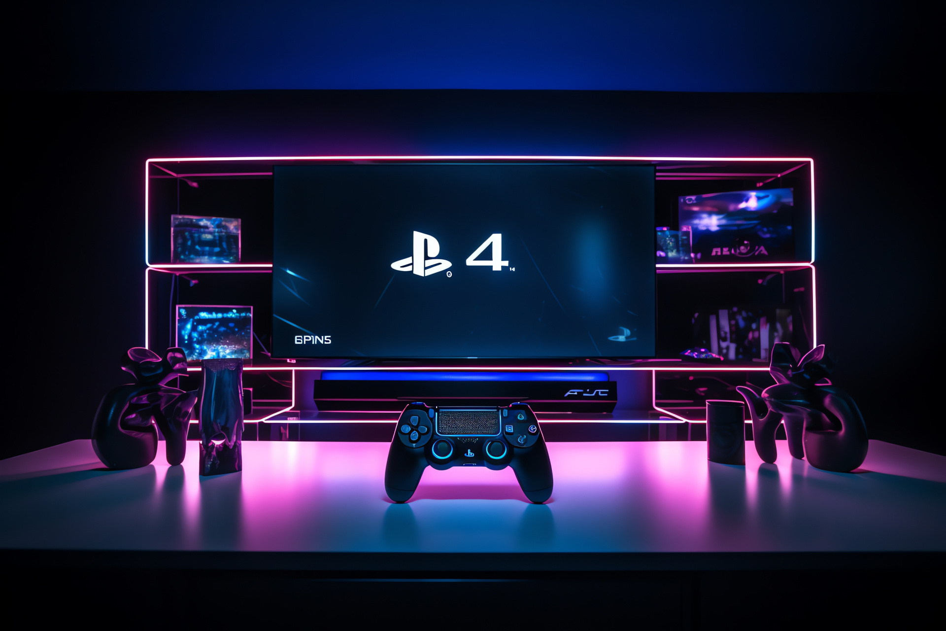 Home gaming system PS4, Digital entertainment logo, Screen-displayed emblem, Stark typography, Dark scenery contrast, HD Desktop Image