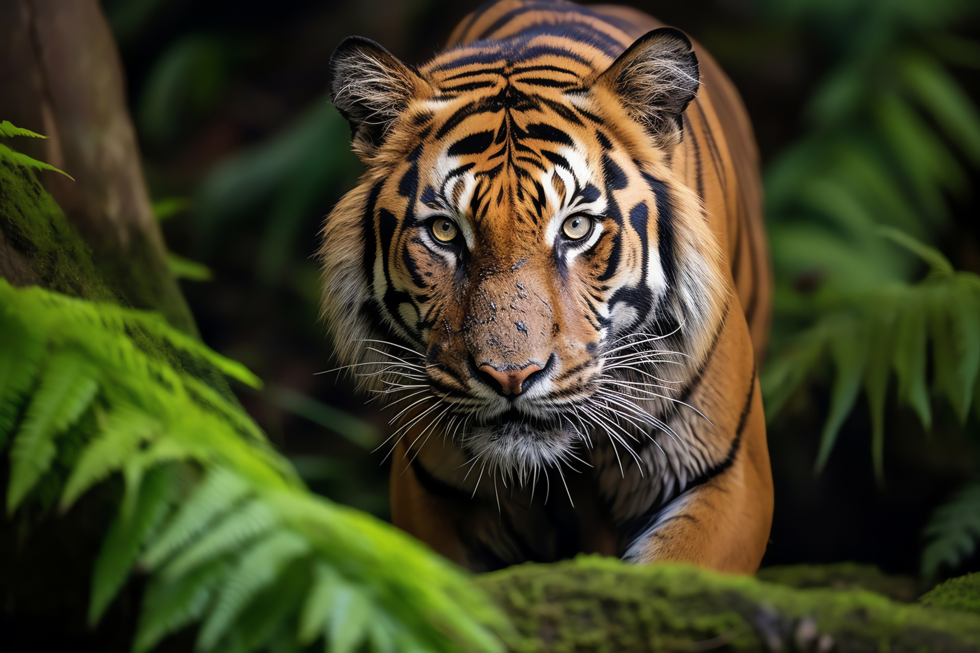 Wild Indochinese Tiger, Jade glance, Tawny streaks, Mist-enshrouded ascent, Asian wilds, HD Desktop Image