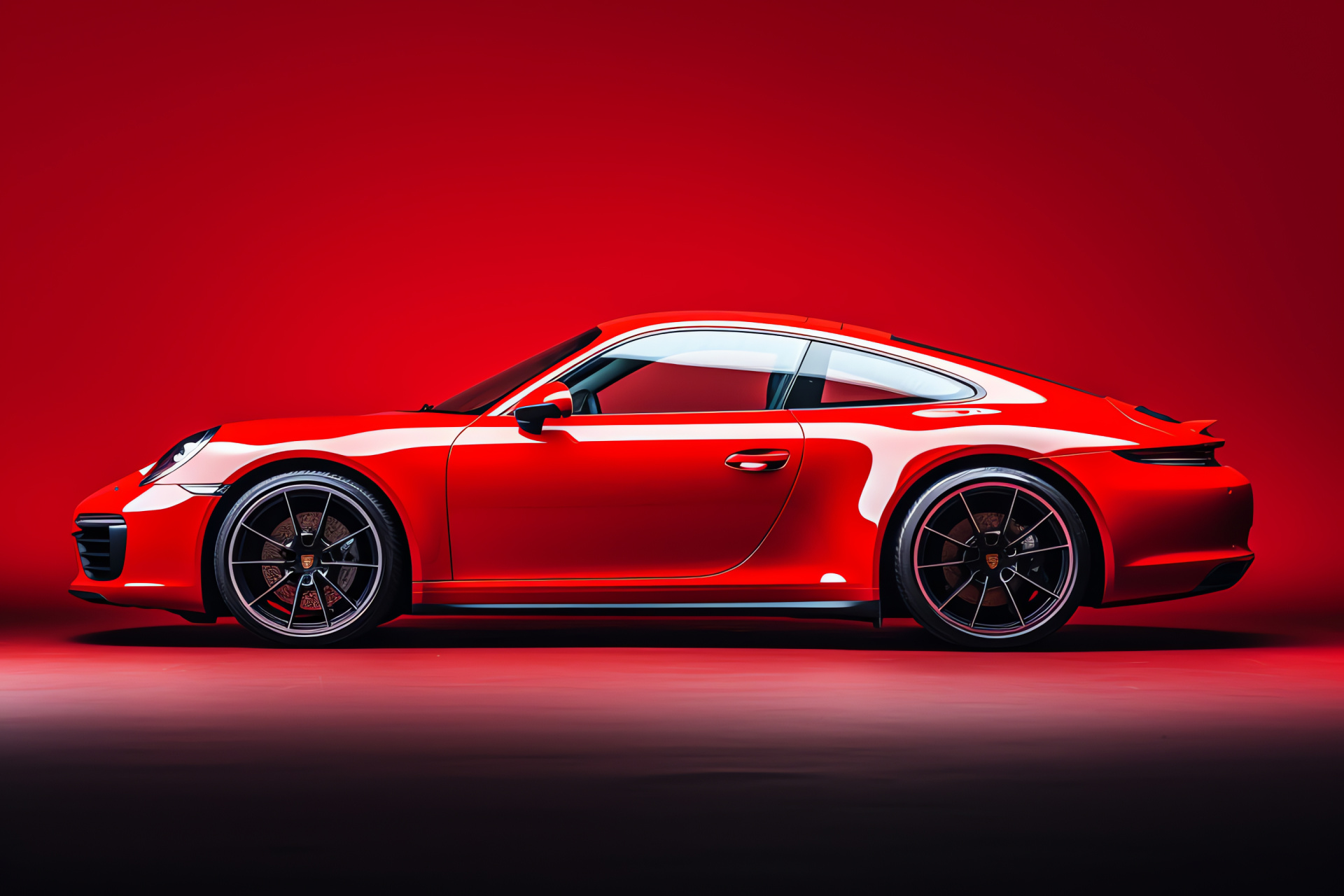 Static Porsche 911, Solid scarlet canvas, Side perspective, Polished automotive lines, HD Desktop Image