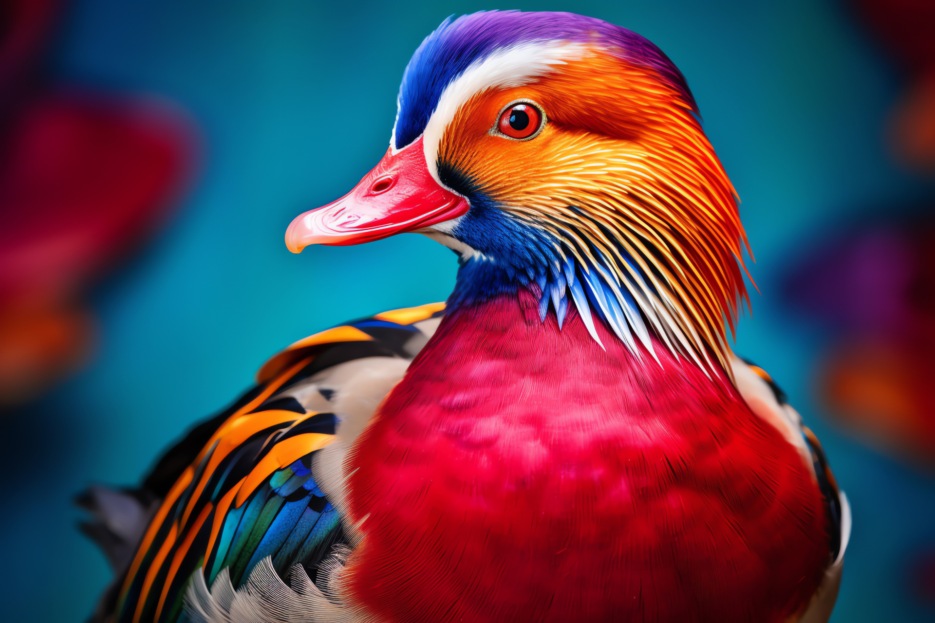 Mandarin Duck beauty, Asian waterfowl, Bright feather display, Red scenic background, Ornate duck plumage, HD Desktop Image