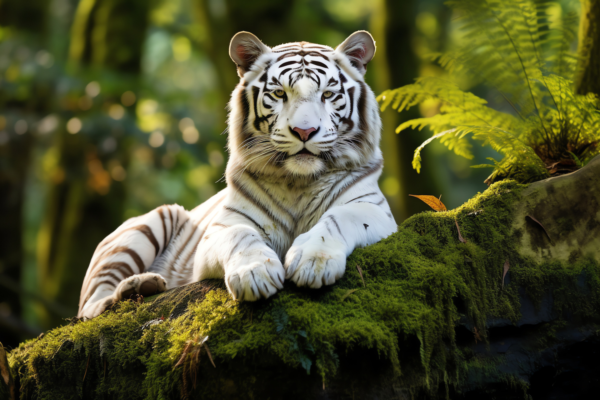 Majestic stripped feline, Gold-eyed tiger, Sylva setting, Deciduous overgrowth, Wild animal on verdant stone, HD Desktop Image