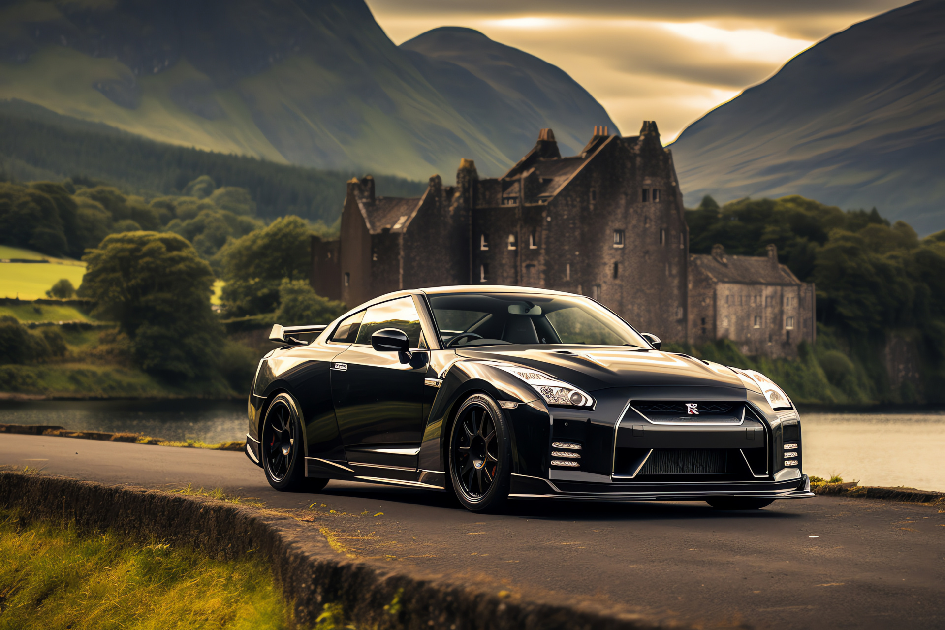 Nissan GTR HD, Scotland countryside, Scenic driving route, Ancient castle presence, Auto enthusiasts, HD Desktop Wallpaper