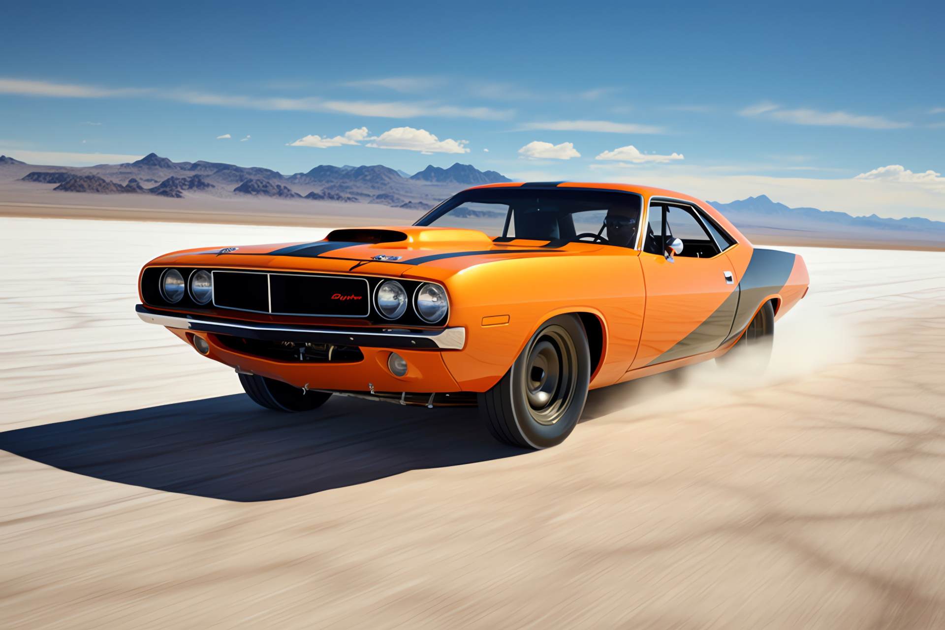 Plymouth Barracuda at Salt Flats, Bonneville speed trials, Streamlined car modification, High-velocity design, Sunset orange radiance, HD Desktop Wallpaper