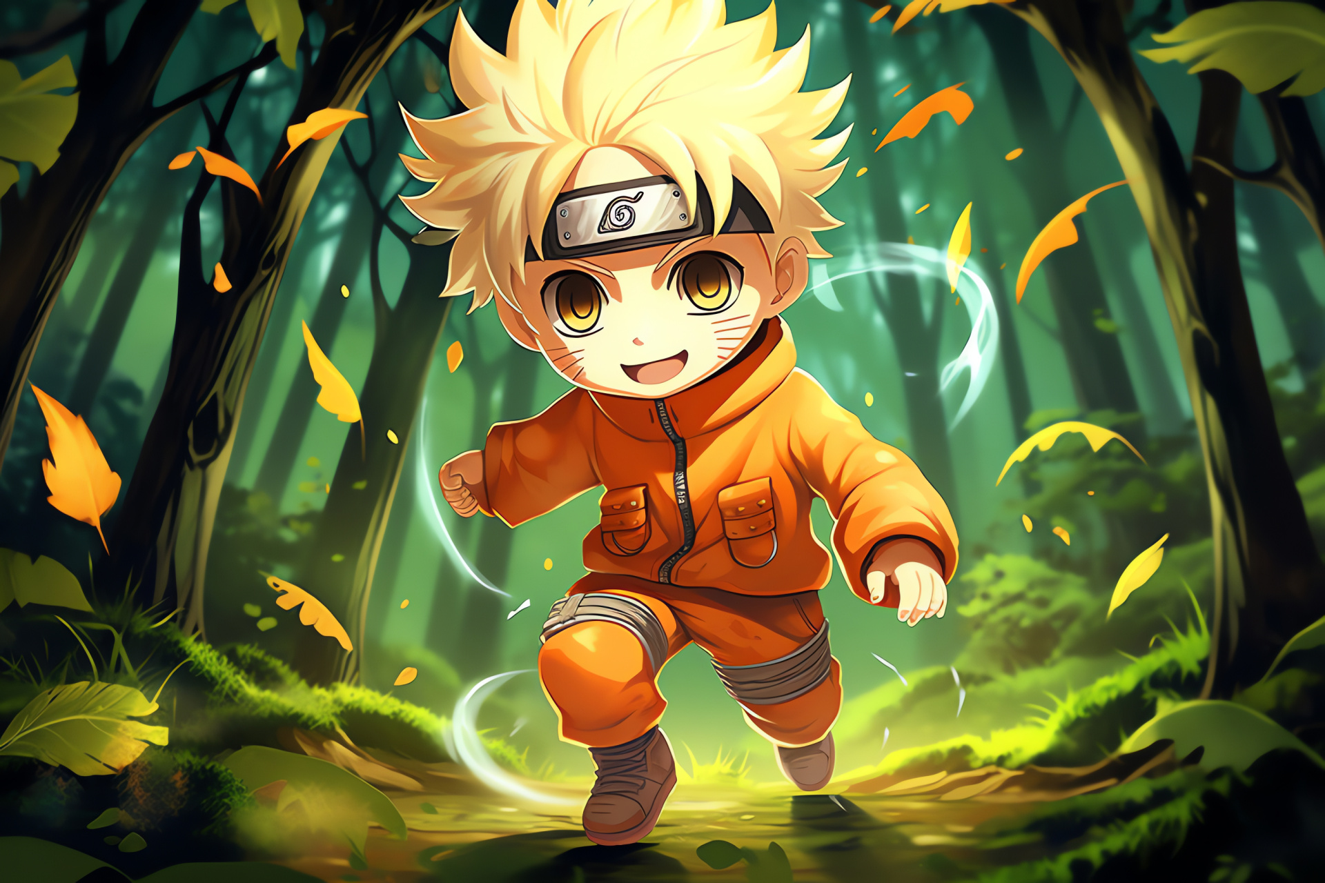 Chibi Naruto, Miniature Rasengan, High-energy moment, Movement capture, Confrontational setting, HD Desktop Wallpaper