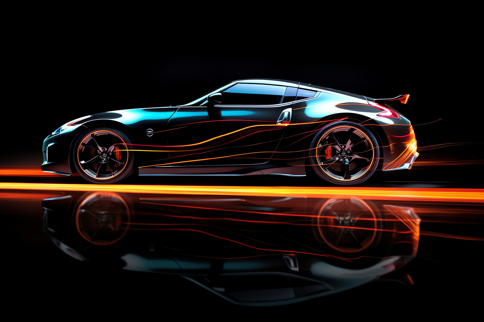 Nissan 370Z, Elevated stance, Tri-color gradient, Aerodynamic silhouette, Glowing accents, HD Desktop Image