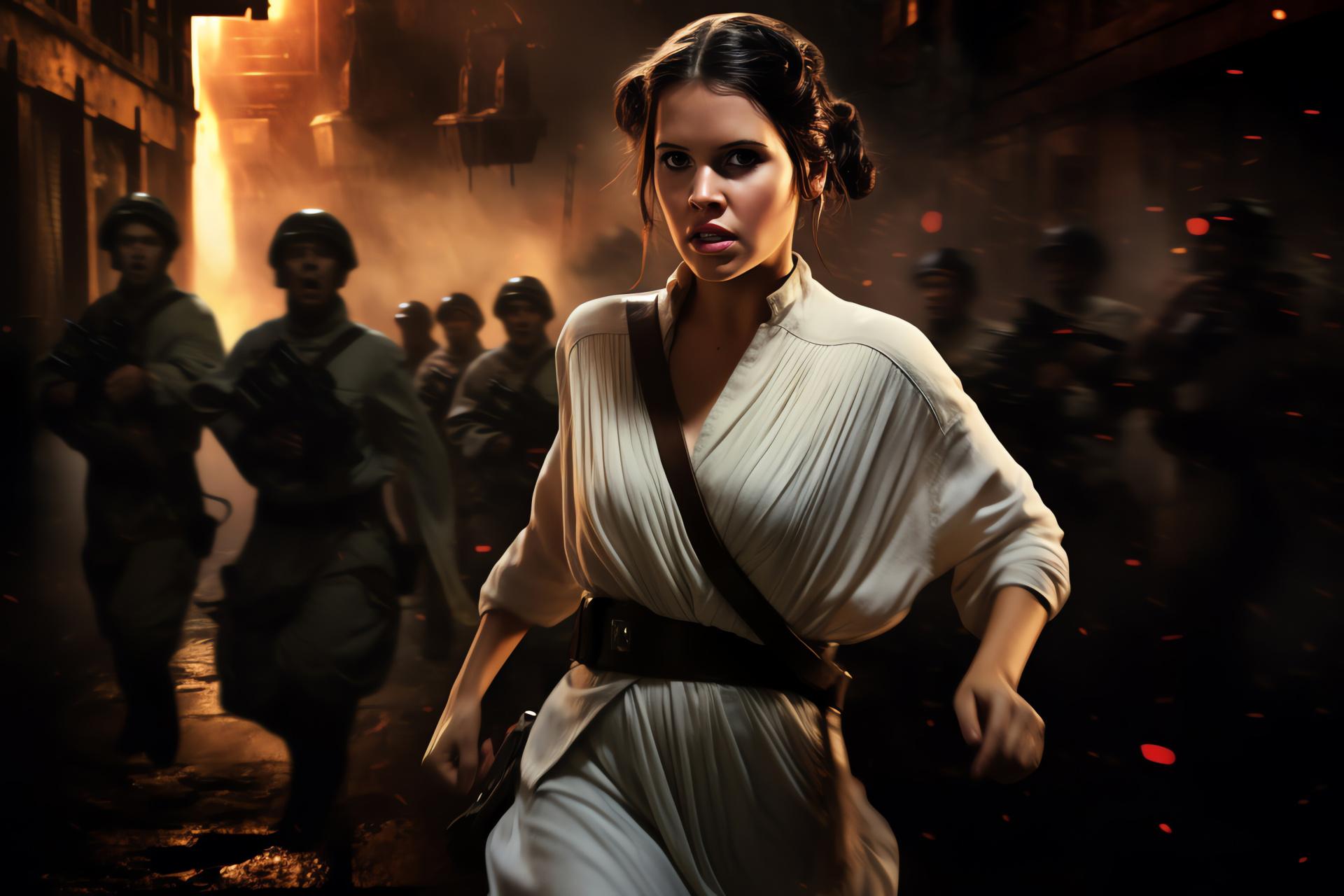 Princess Leia in action, role model, Rebel Alliance action, heroic cinema figure, dynamic film moment, HD Desktop Image