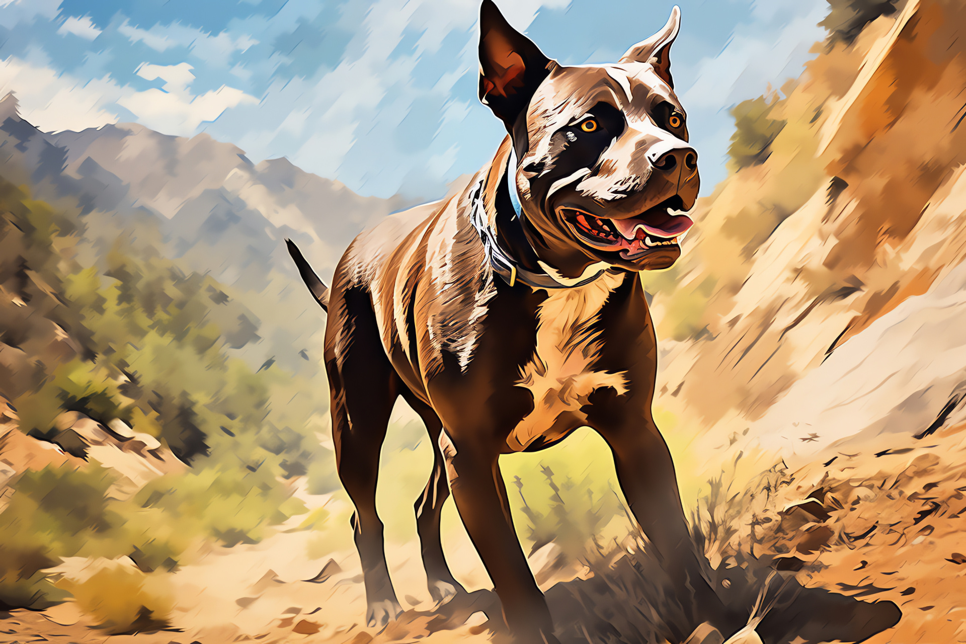 Trail-blazing Pitbull, Umber black fur, Hazel-eyed dog, Weatherproof coat, Rugged outdoor animal, HD Desktop Image