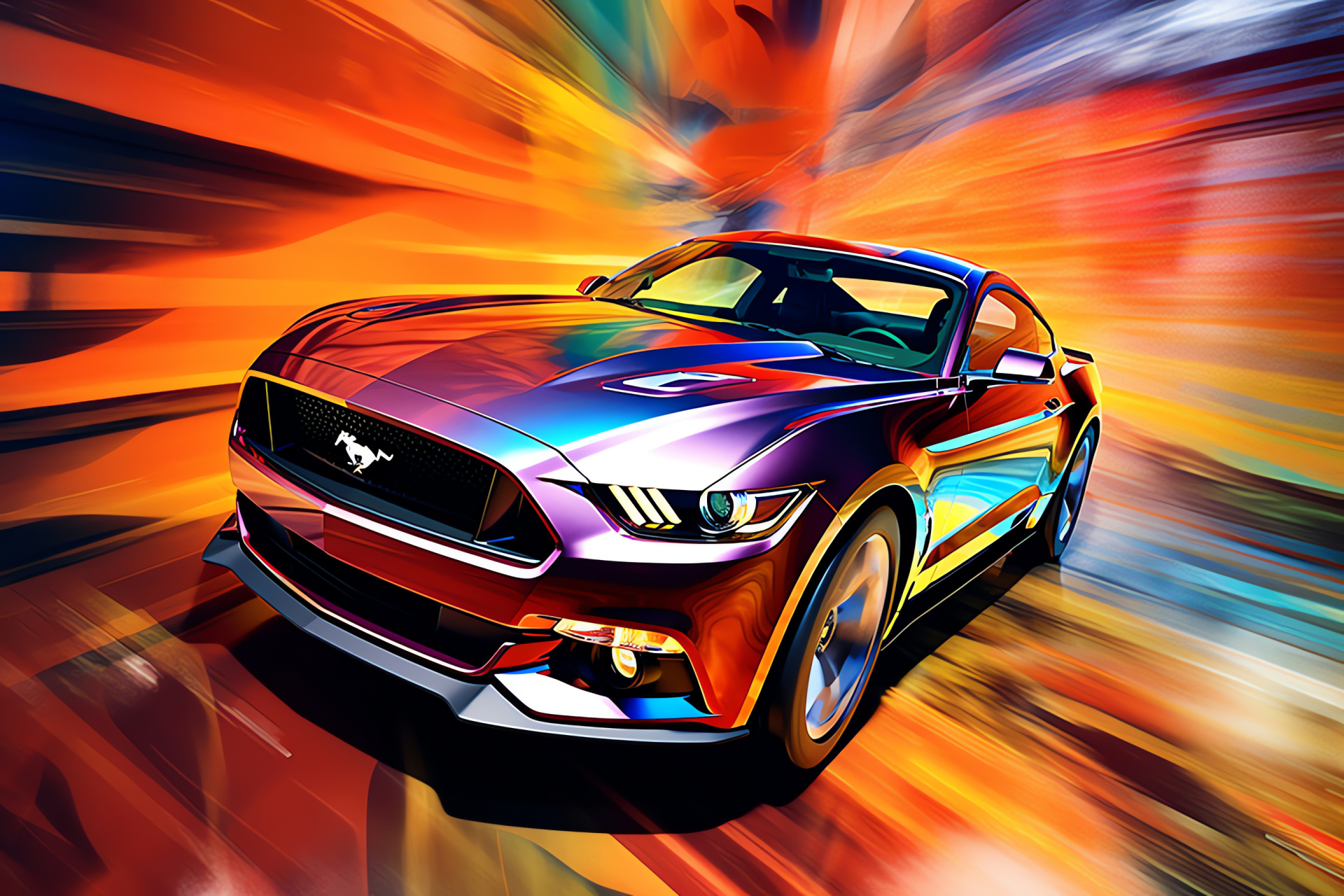 Ford Mustang scenic portrayal, High vantage framing, Colorful scenic backcloth, HD Desktop Image