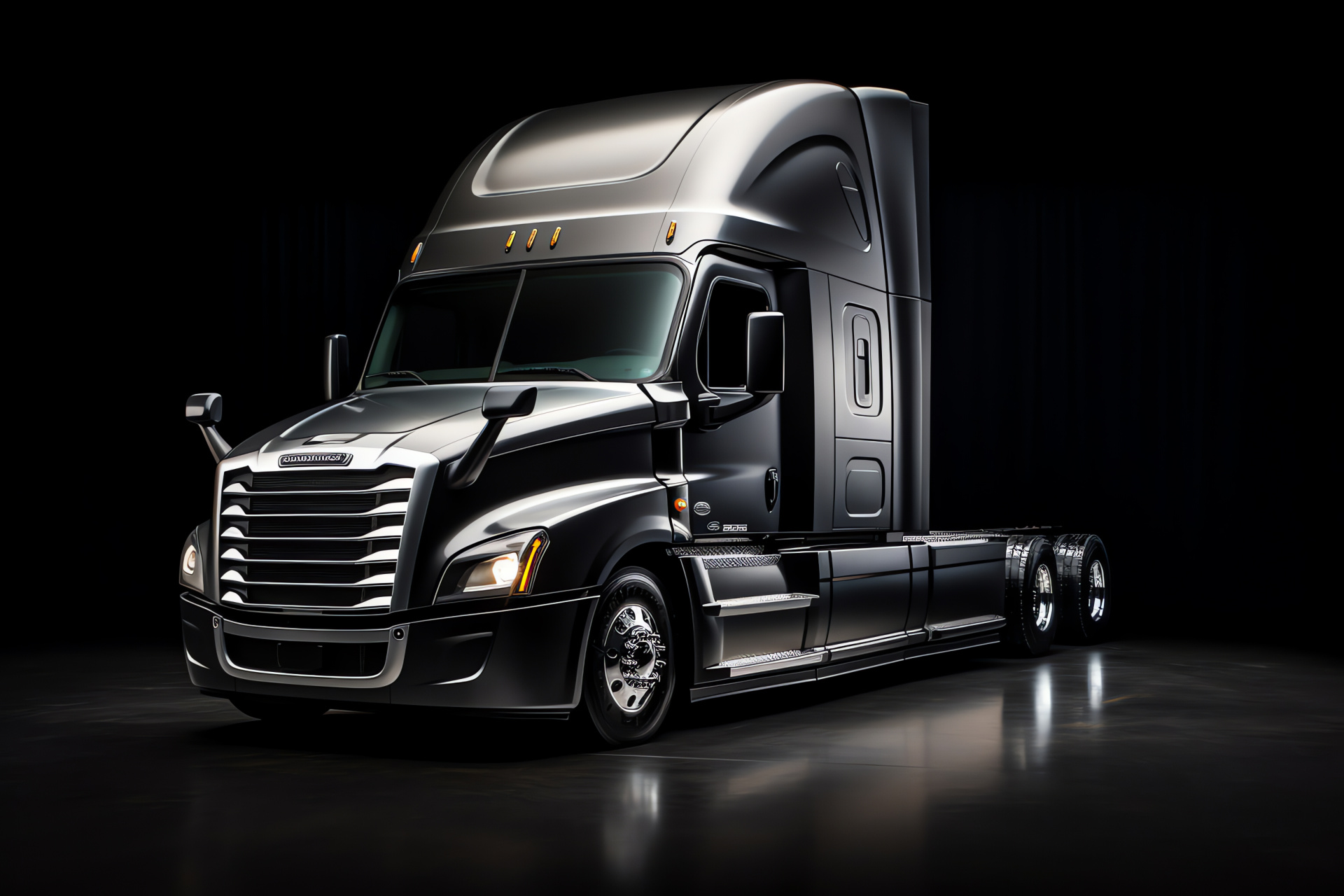 Freightliner Cascadia Evolution, Semi Truck, aerial perspective, silver polish, black backdrop contrast, HD Desktop Image