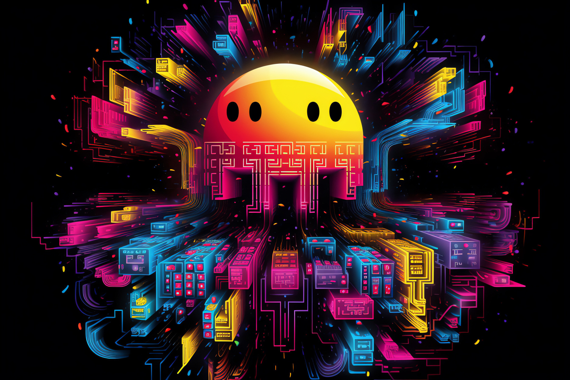 Pacman arcade game, Vintage gaming machine, Labyrinthine chase, Retro ghosts, Arcade classics, HD Desktop Image