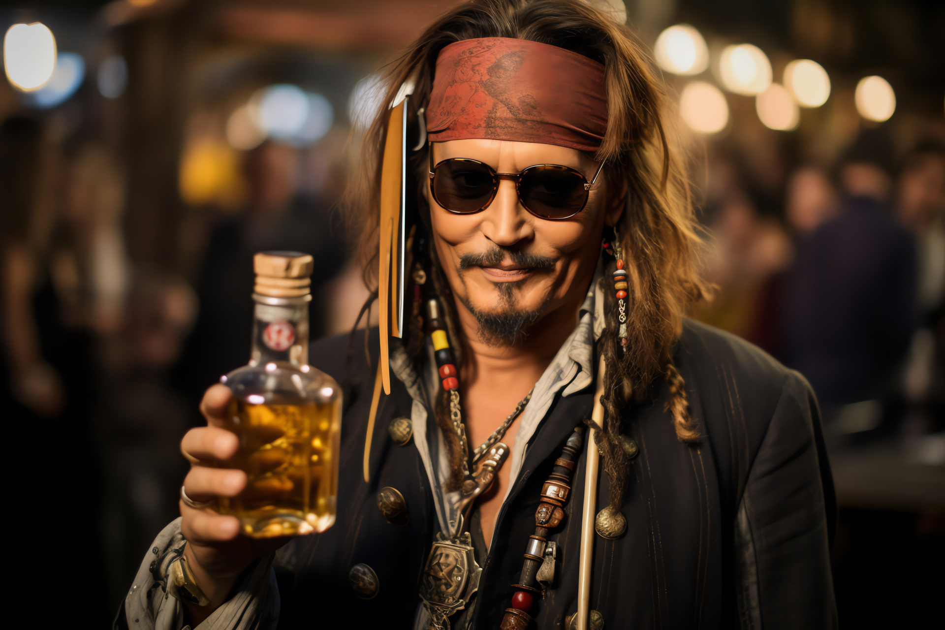 Johnny Depp character portrayal, film series icon, Hollywood actor portrayal, captivating personality, engaging expression, HD Desktop Wallpaper