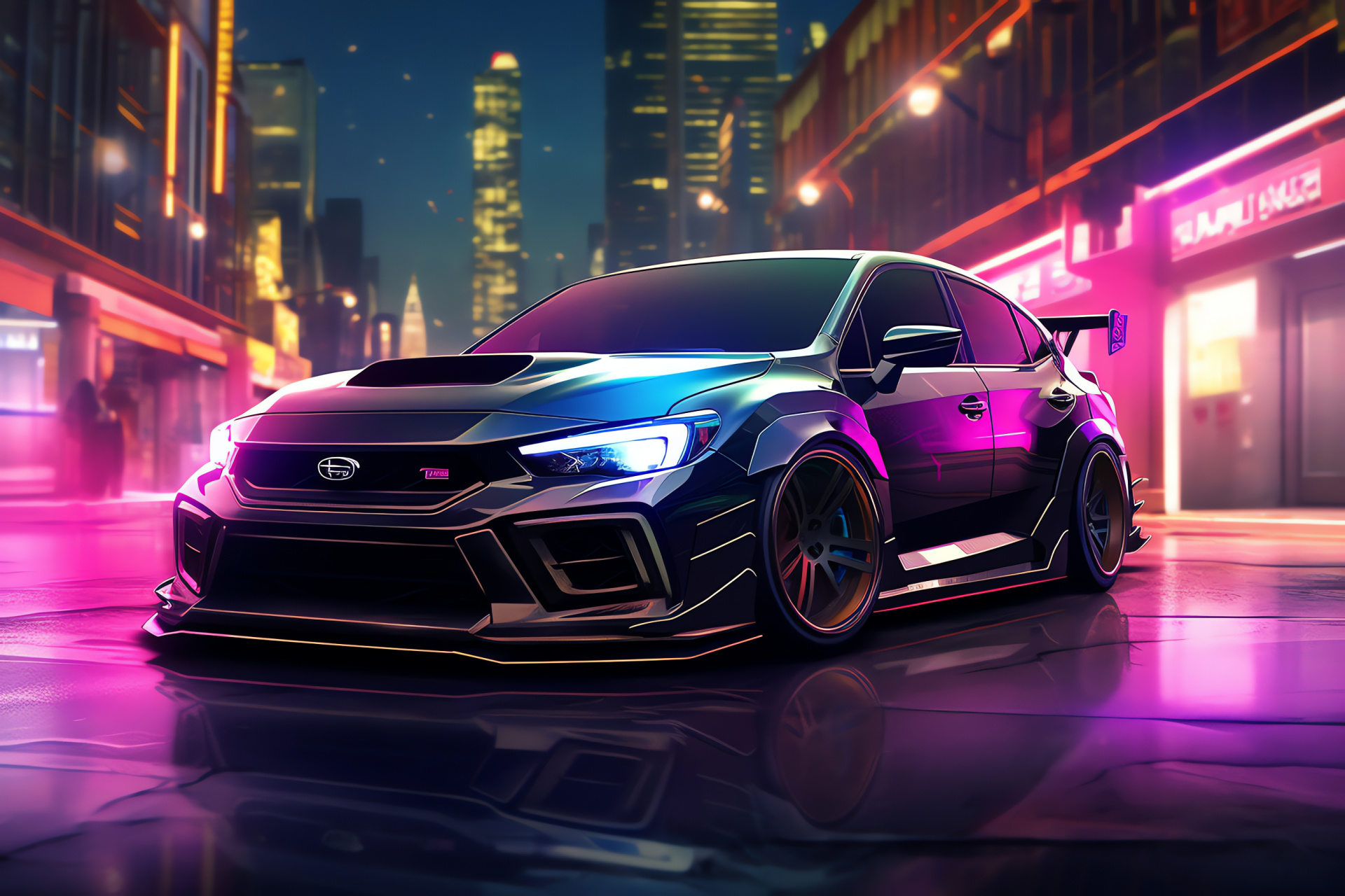 Subaru Impreza in city, WRX STI model, Urban exploration, High-speed profile, Night-time glow, HD Desktop Image