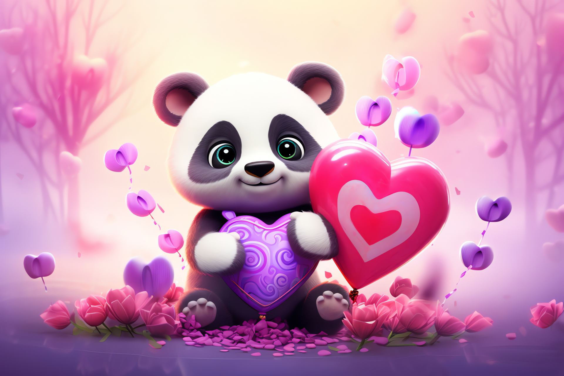 Festive wildlife, Romantic holiday symbol, Cuddly panda, Floating decor, Floral beauty, HD Desktop Wallpaper