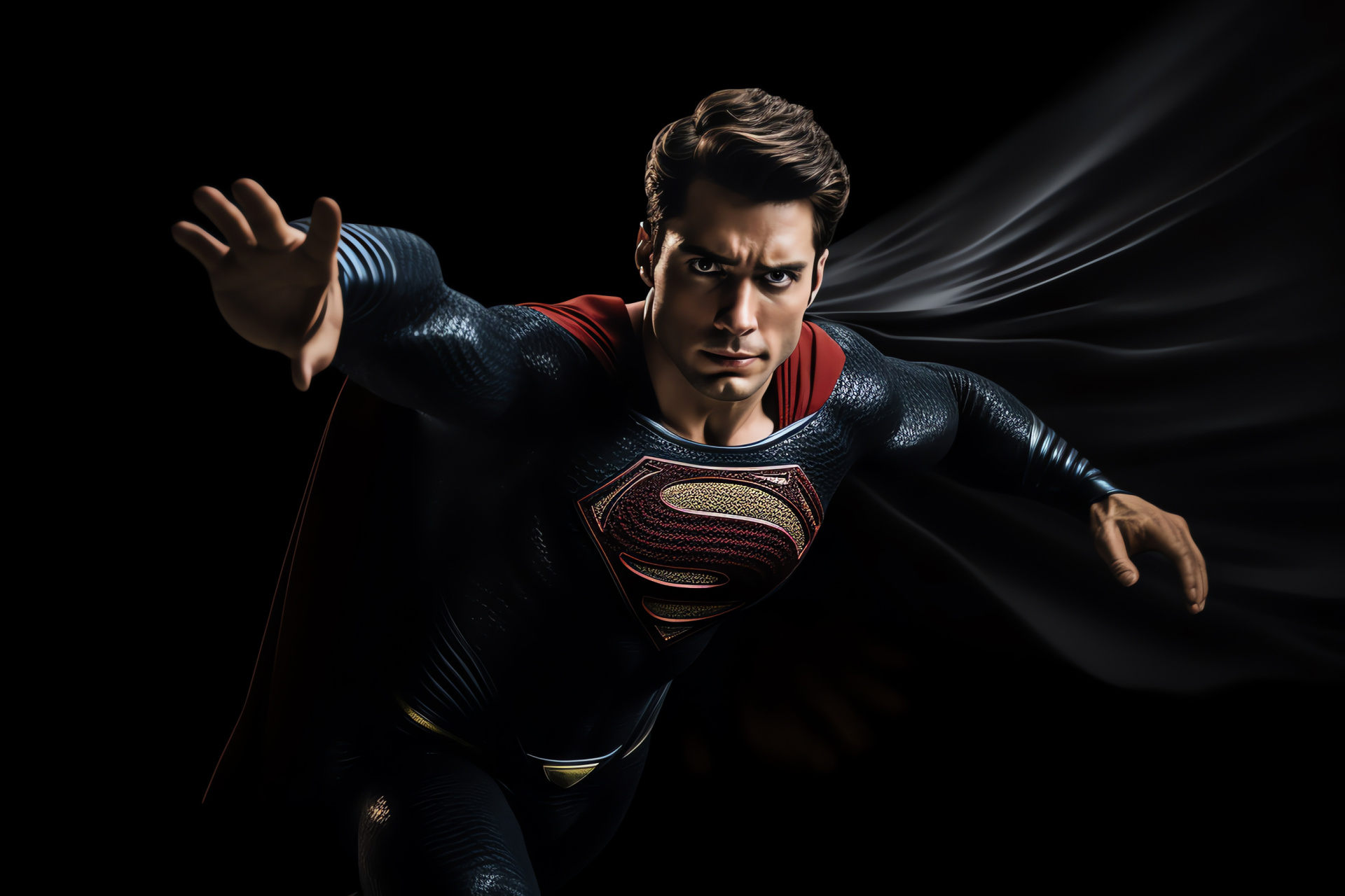 Hovering Superman, Mid-flight superhero, Stalwart in solitude, Night flight vigil, Stark backdrop, HD Desktop Image
