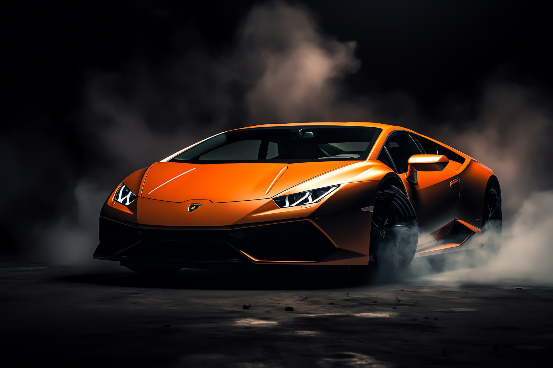 Lamborghini Huracan STO, Orange supercar, Auto showpiece, Lamborghini lineup, Black canvas backdrop, HD Desktop Wallpaper