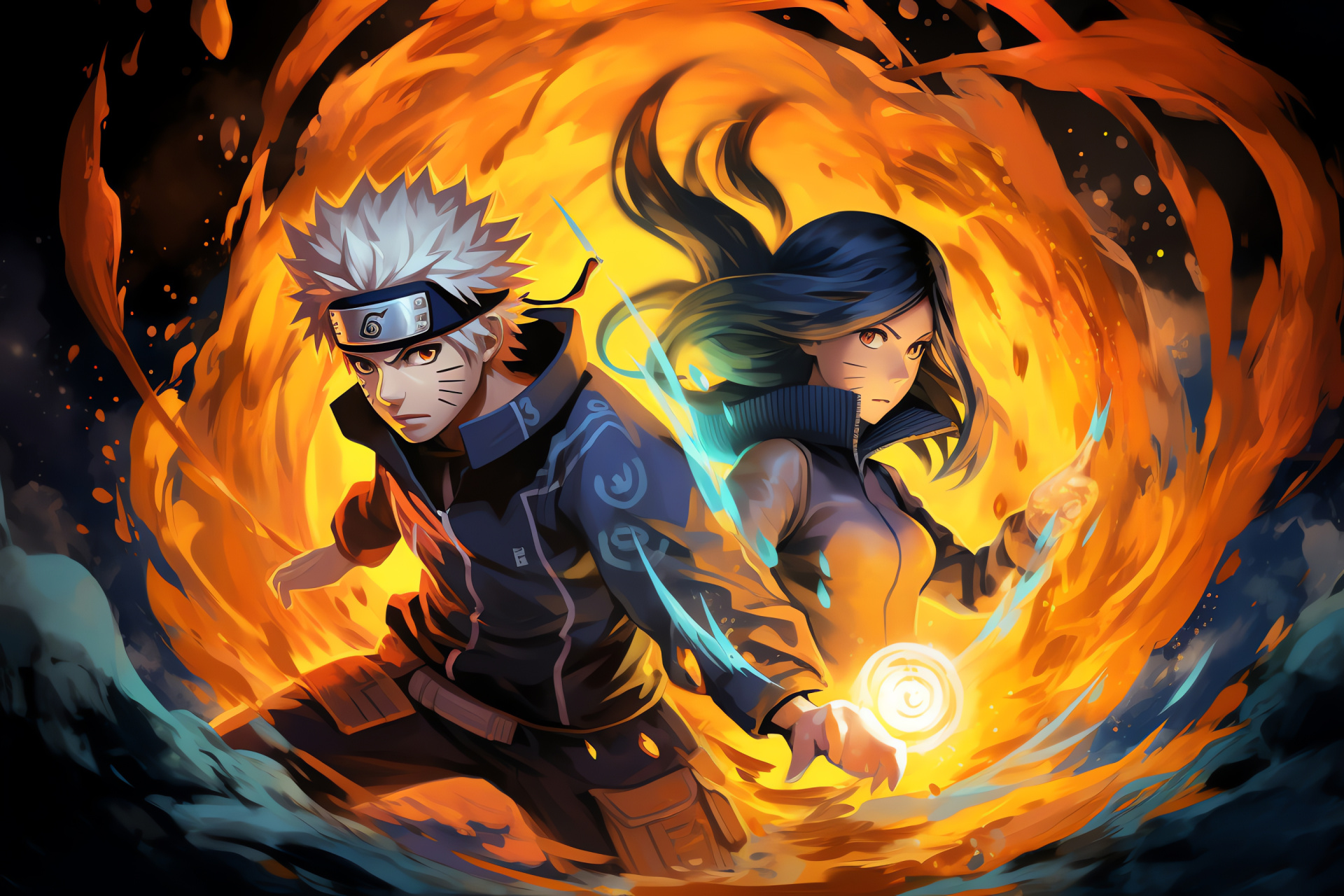 Naruto and Hinata pair, Action-packed anime scene, Dynamic manga imagery, Orange flame effects, Rasengan energy, HD Desktop Wallpaper