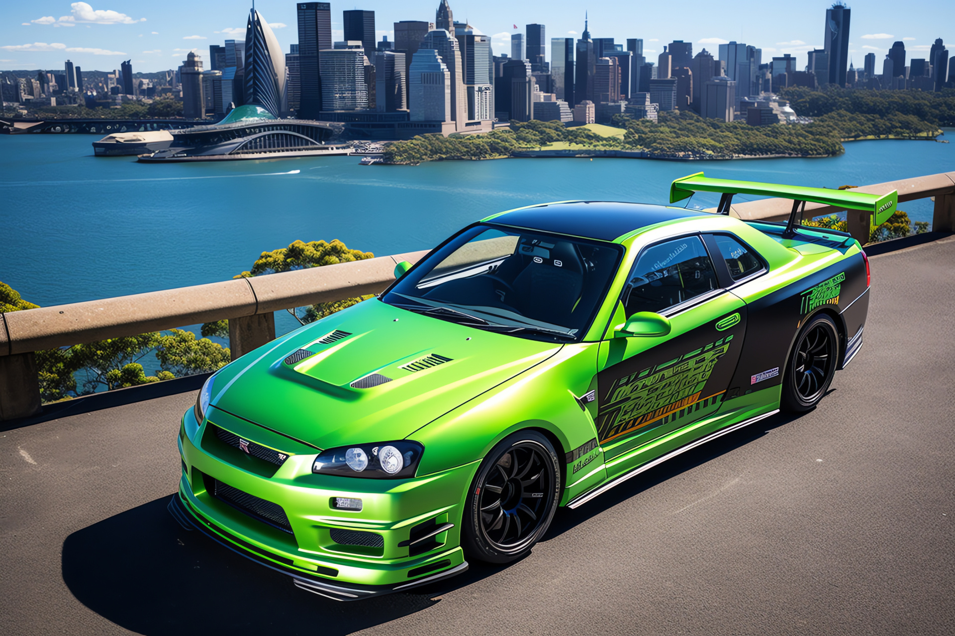 Nissan Skyline GTR R33, Sydney panorama, vibrant green exterior, iconic bridge, urban adventure, HD Desktop Image