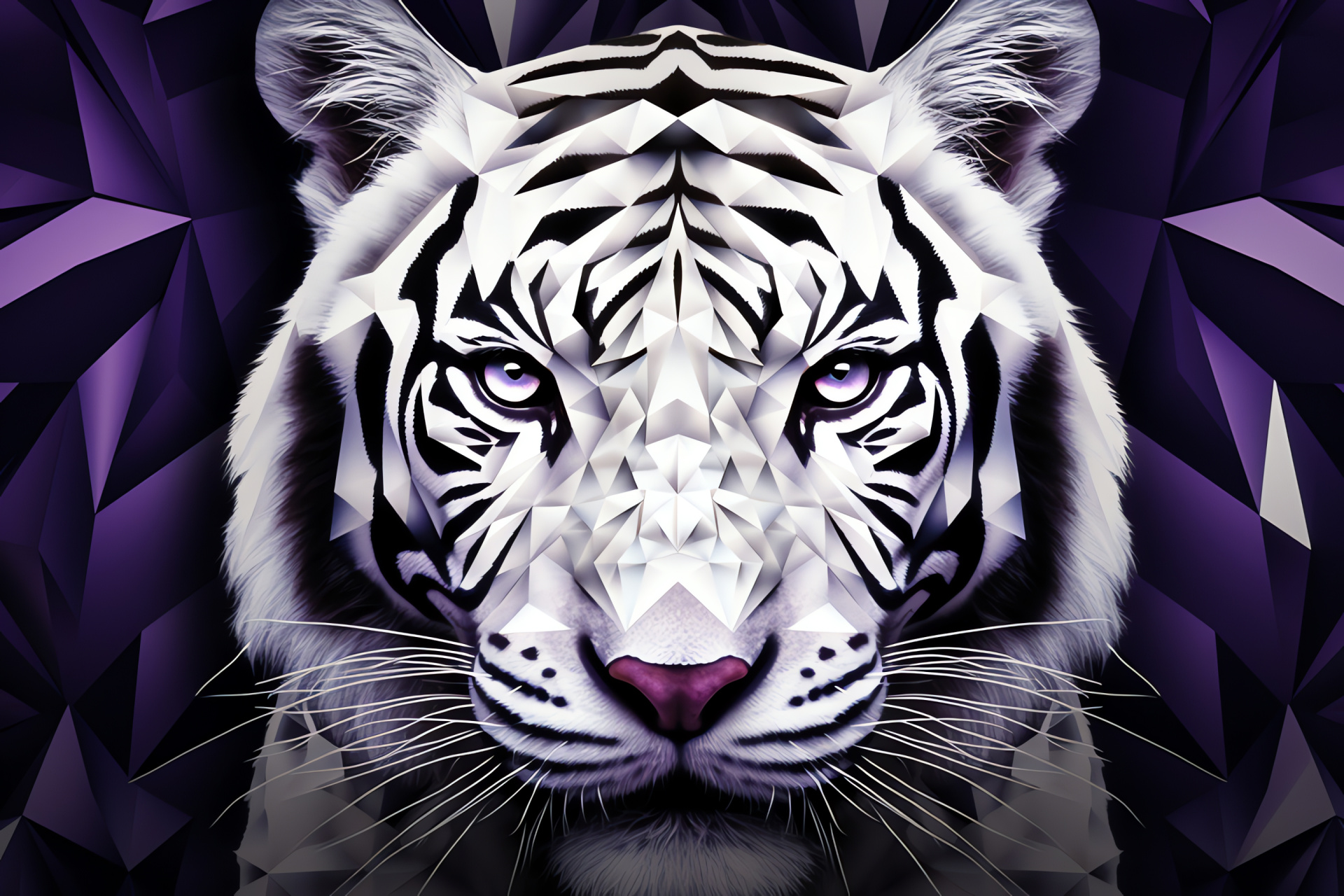 Regal White Tiger, Abstract striped design, Predatory elegance, Unique tiger pattern, Purple gaze, HD Desktop Image