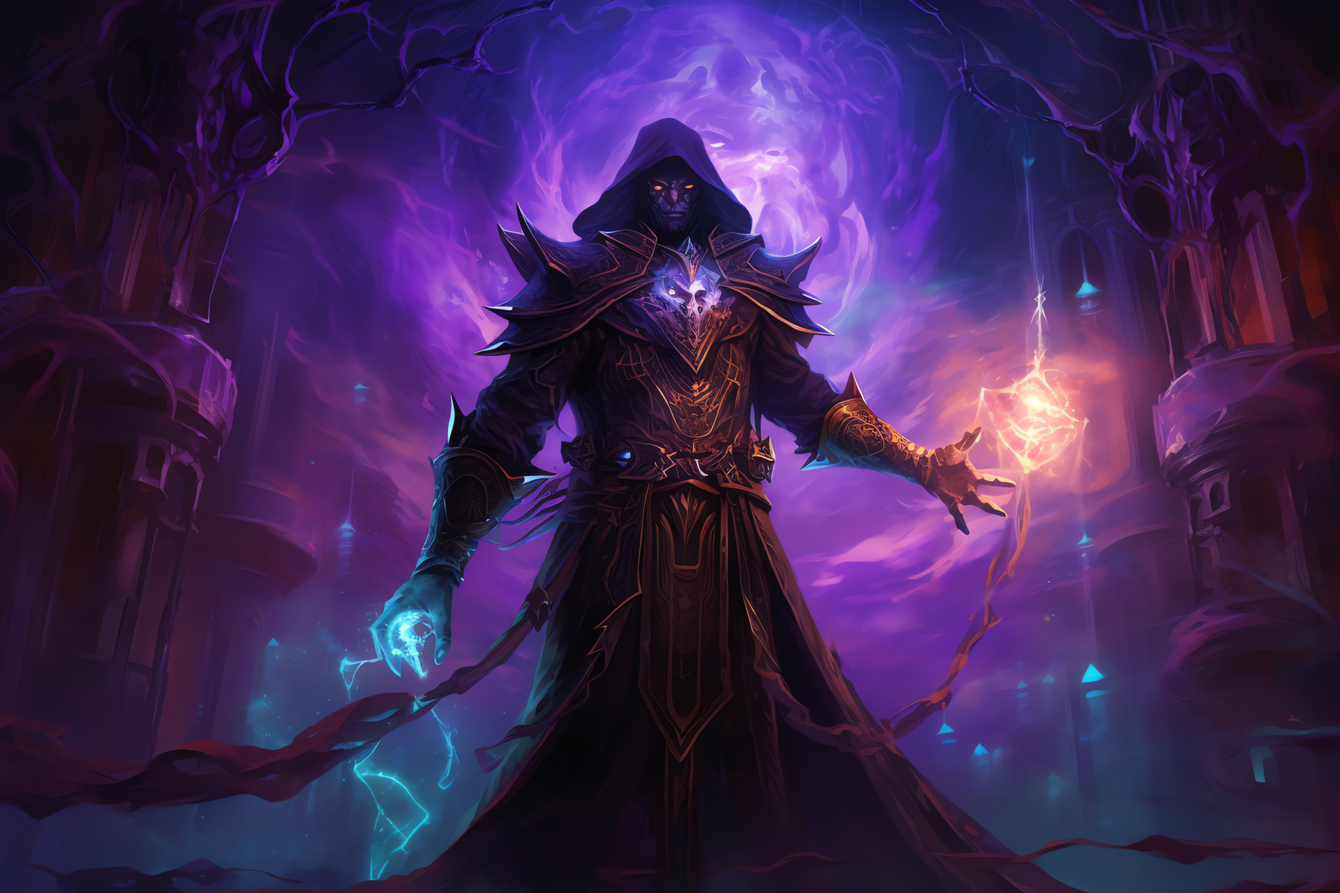 Necromancer character Orion, Mystical amethyst eyes, Authoritative figure stance, Virtual game sorcerer, Intense character focus, HD Desktop Wallpaper