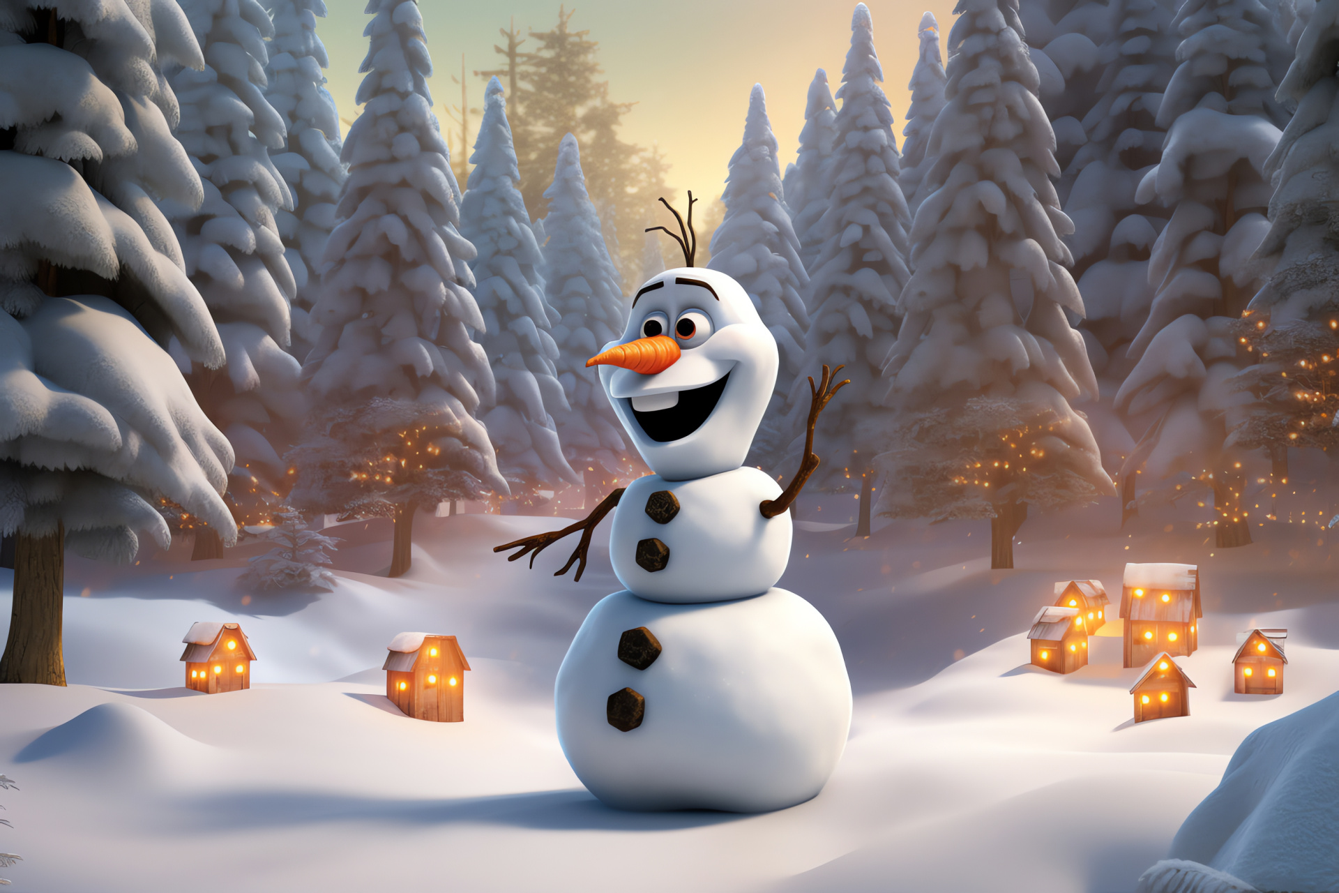 Olaf from Frozen, festive snowman, snowy winter landscape, pine forest, holiday joy, HD Desktop Image