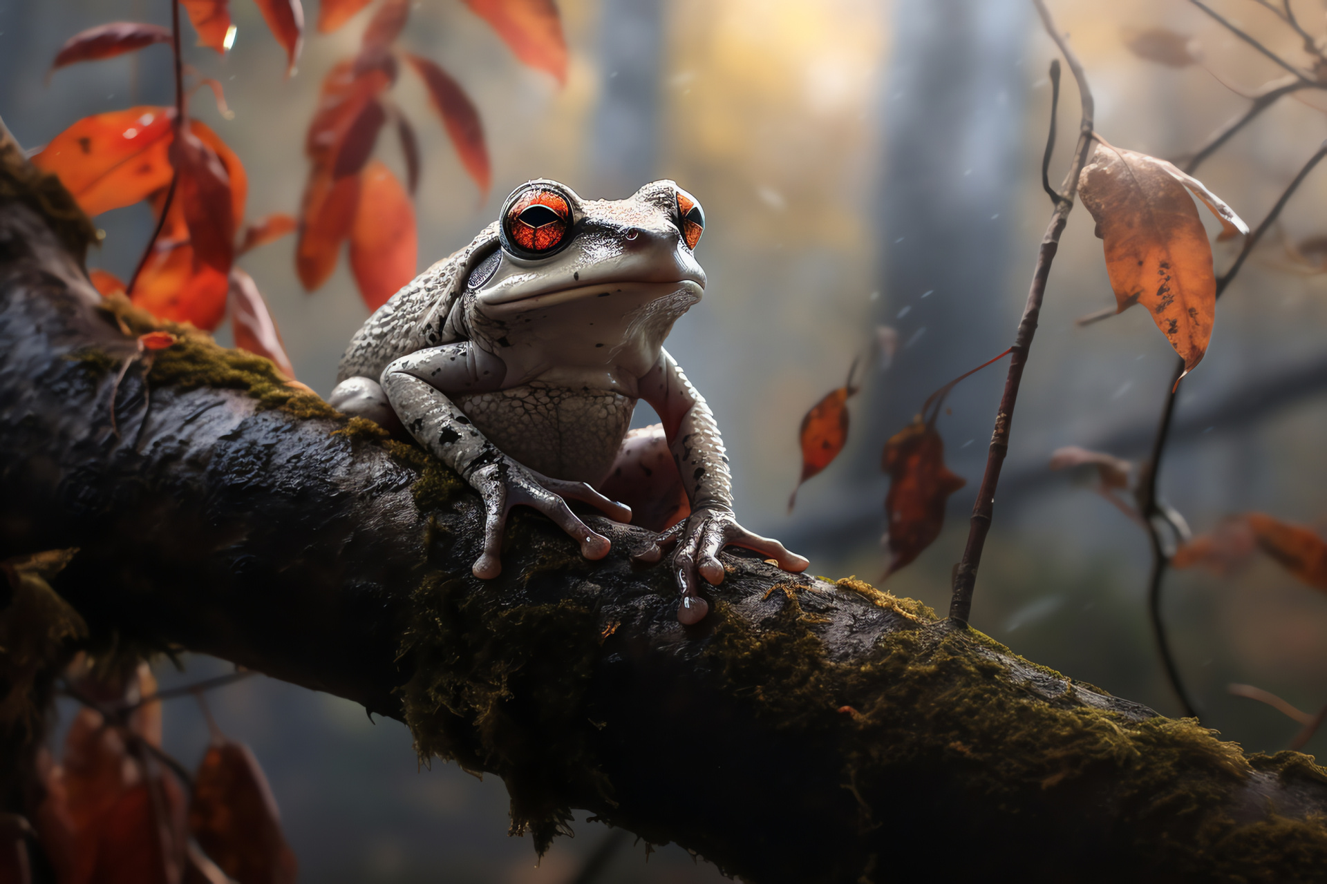 Tree Frog poise, striking red oculars, earthen skin tones, arboreal support, HD Desktop Wallpaper