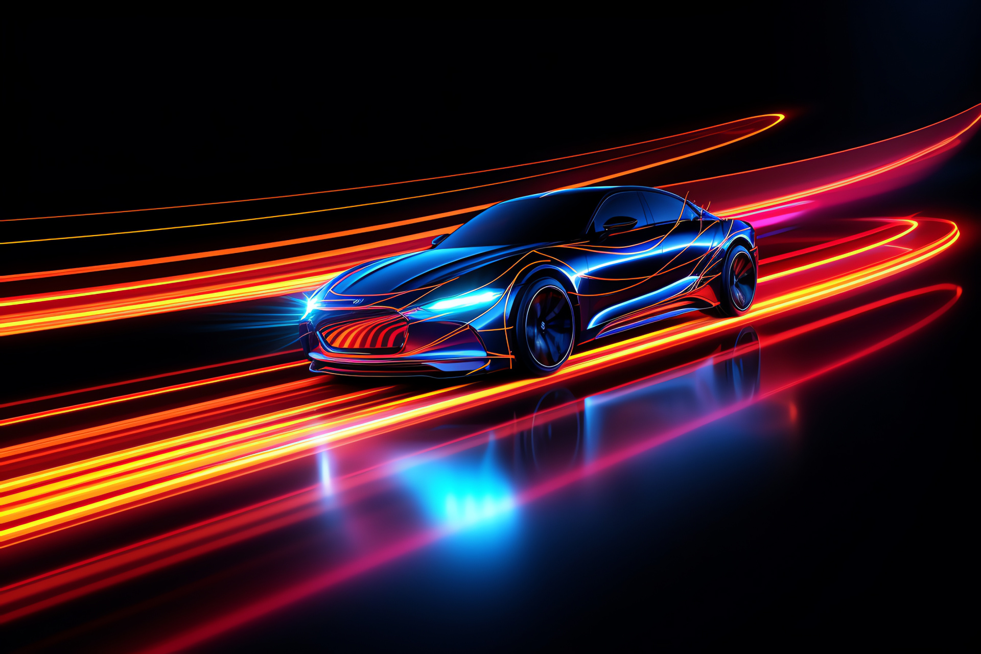 Neon Car, glowing graphic lines, overview angle, auto flair, fluorescent artistic, HD Desktop Image