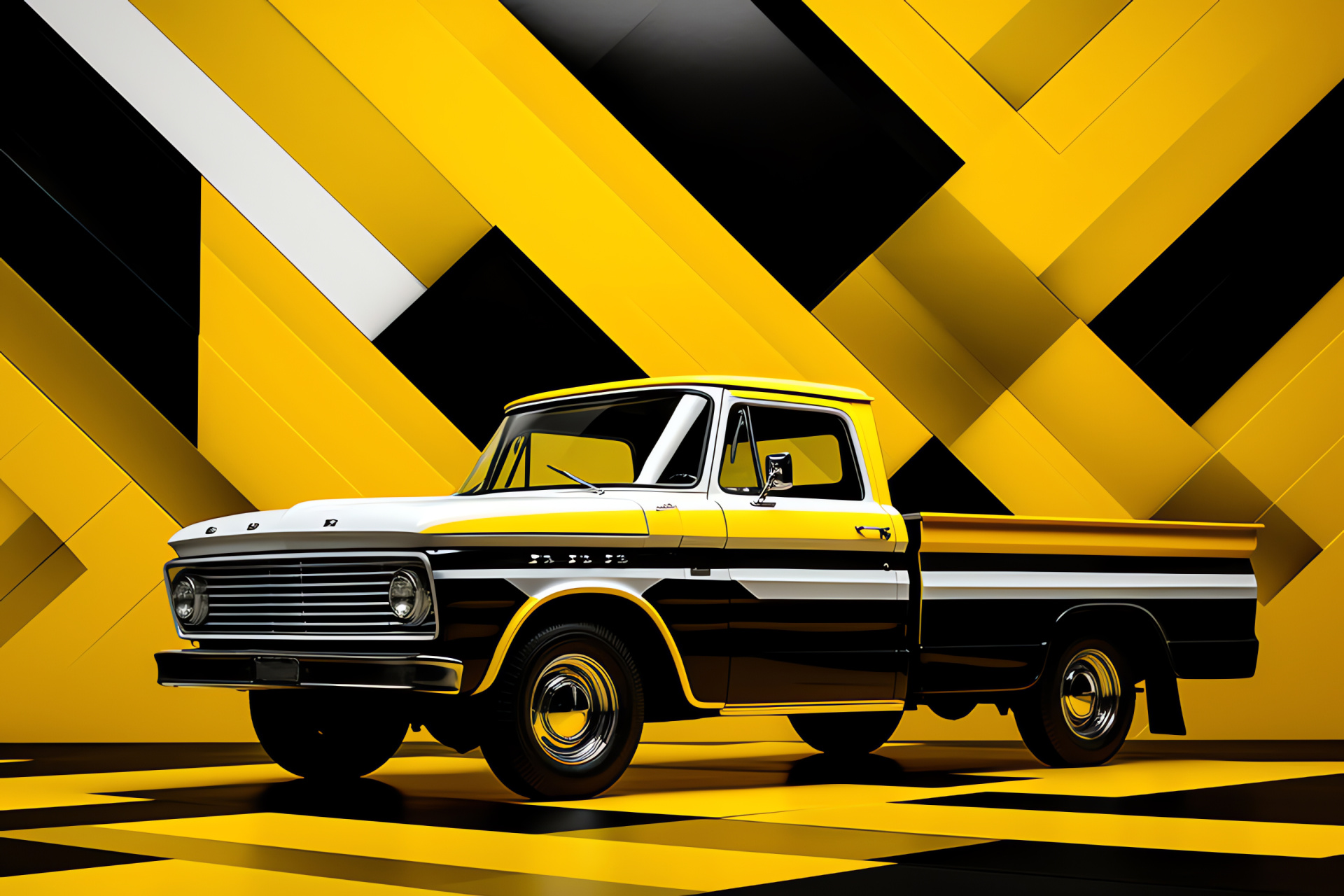 Ford F-800 truck, Side perspective, Black and yellow design, Geometric backdrop automotive, Commercial truck history, HD Desktop Wallpaper