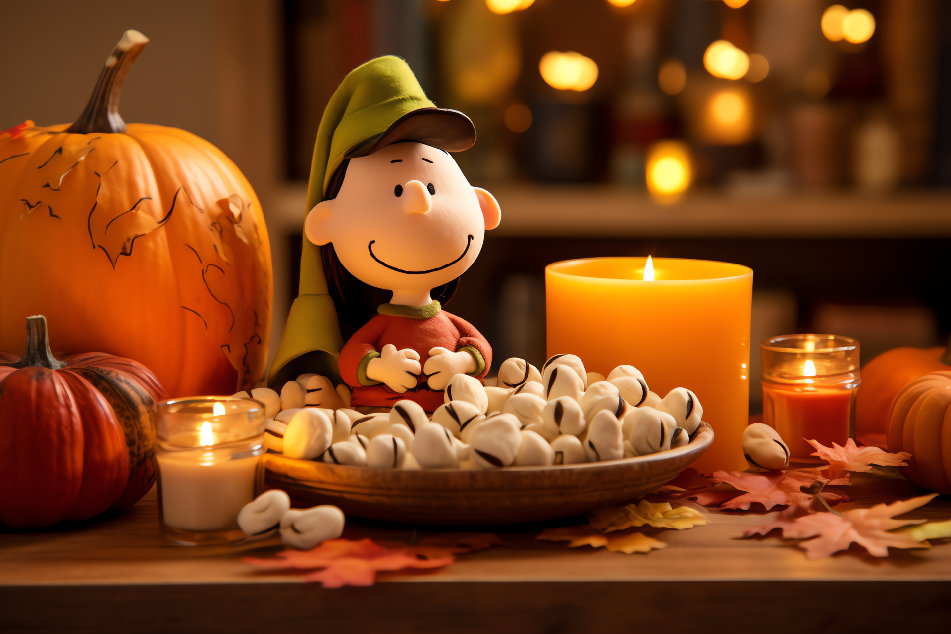 Thanksgiving gathering, harvest abundance, friendly cartoon characters, fireside warmth, fall bounty, HD Desktop Wallpaper