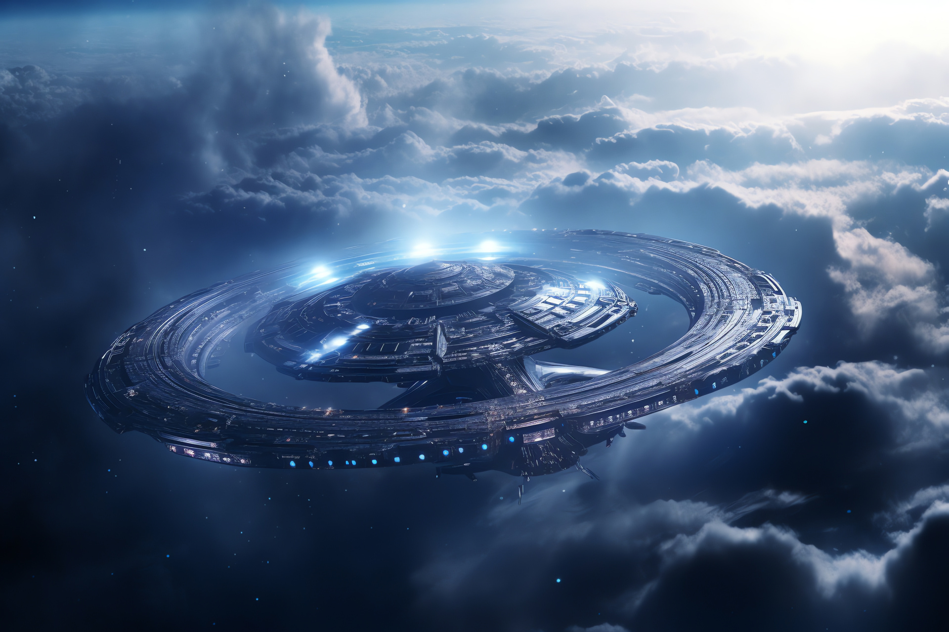 Alien spacecraft, Interstellar journey, Silent nebula passage, Sleek ship design, Luminous technology, HD Desktop Wallpaper