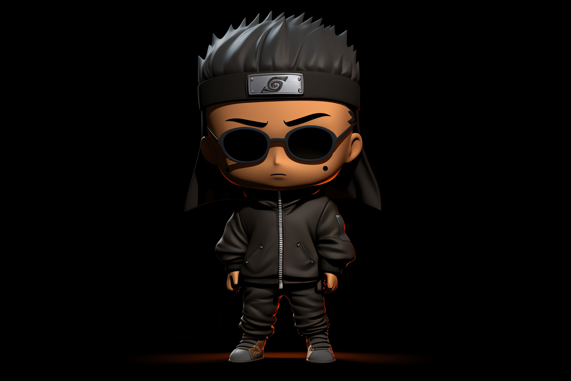 Shino Aburame chibi version, Anime stylized character, Dark sunglasses accessory, Casual stance depiction, Monochromatic backdrop, HD Desktop Wallpaper