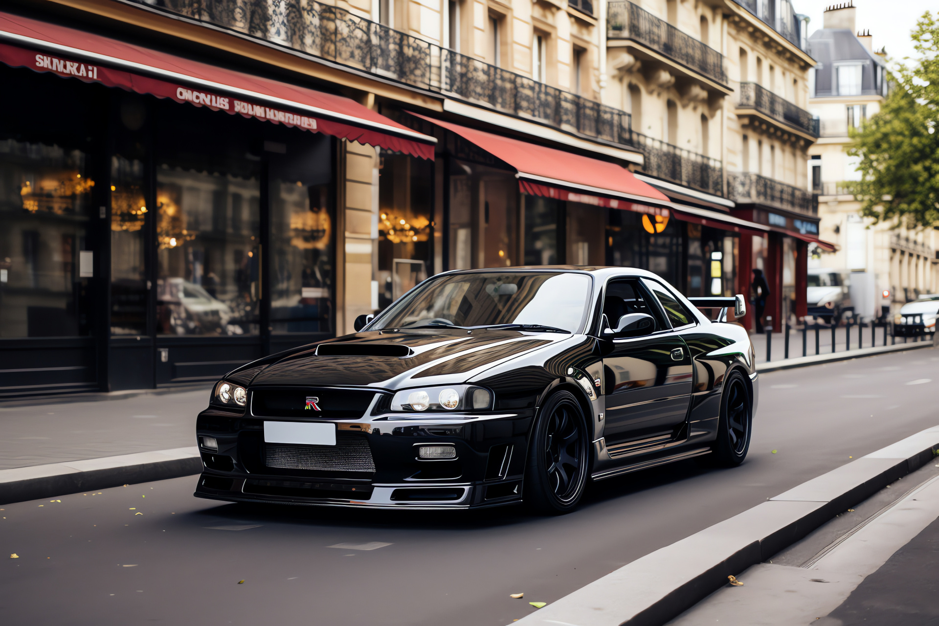 Nissan Skyline GTR R33, Parisian allure, Black vehicle elegance, French streetscape, Cafe culture, HD Desktop Wallpaper