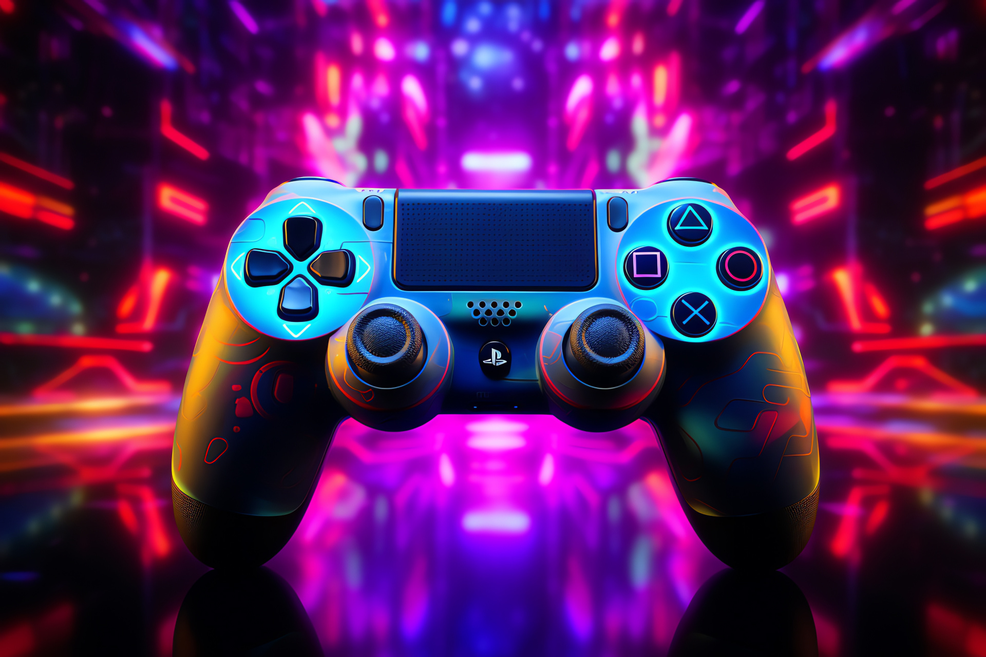 Playstation controller, neon glow, dynamic colors, gaming adrenaline, interactive entertainment, HD Desktop Wallpaper