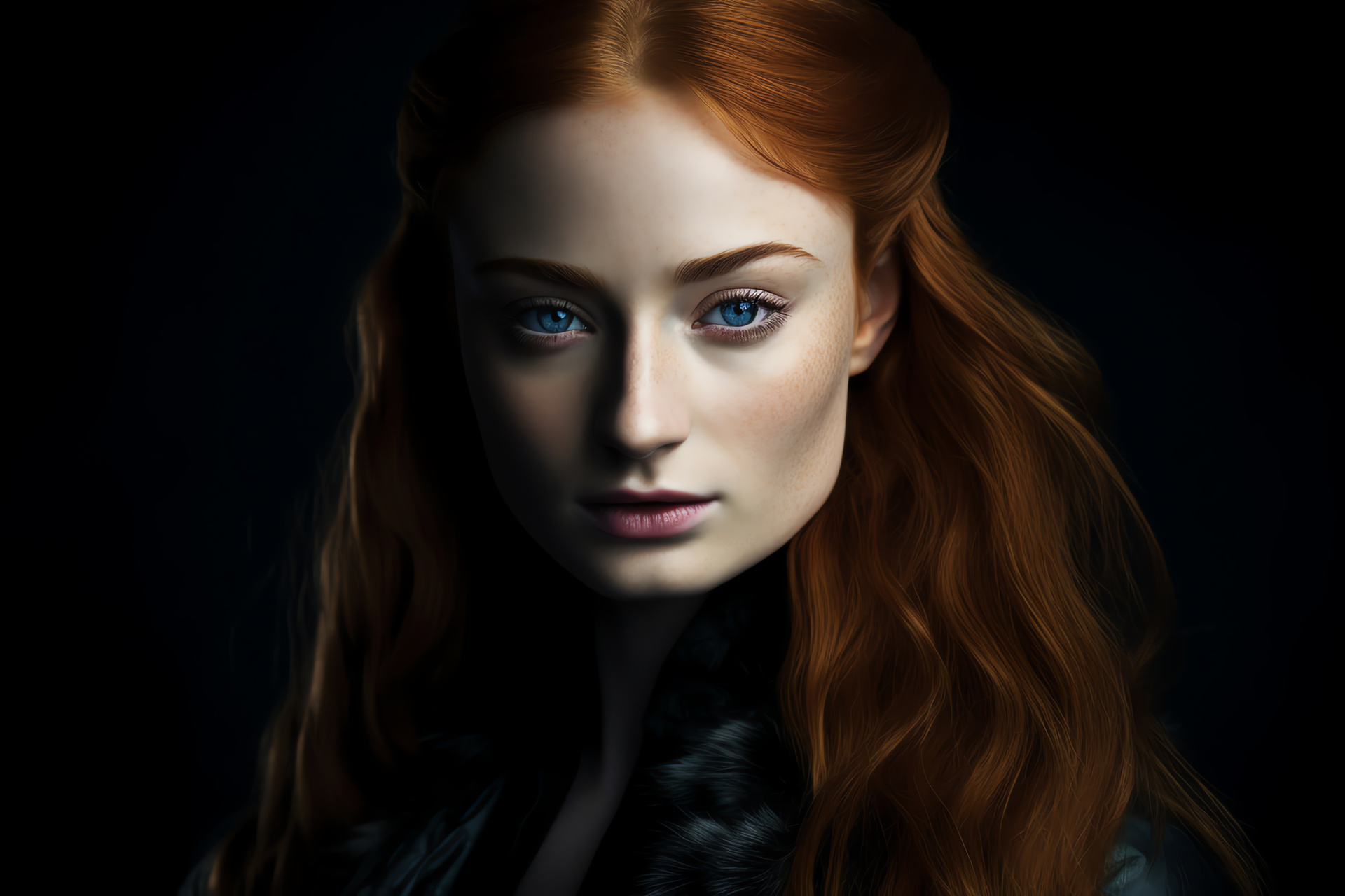 Sophie Turner, Sansa Stark, Westeros noblewoman, intense focus, obsidian background, HD Desktop Image