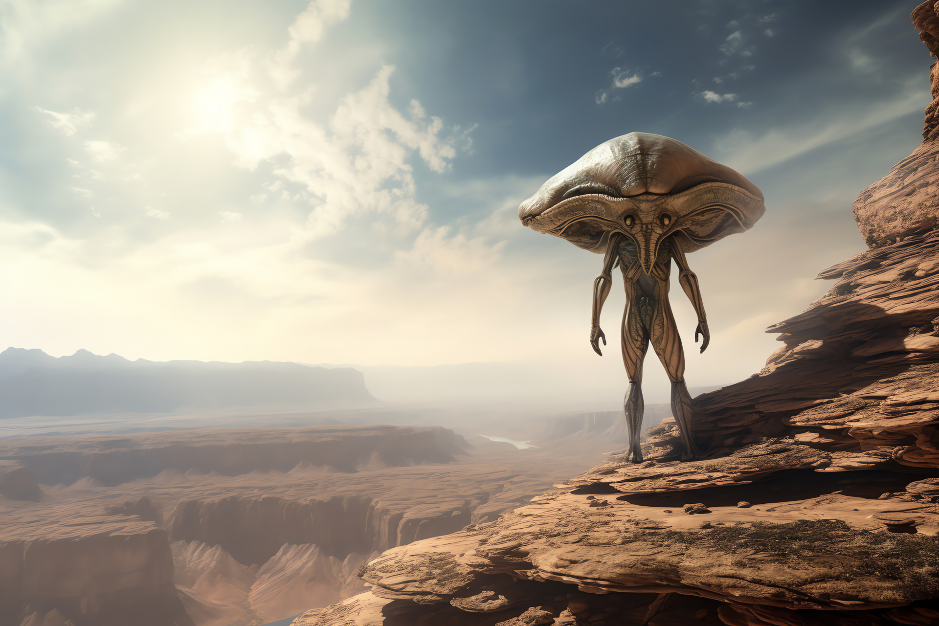 Celestial overlook, Space entity observation, Martian landscape, Geologic extraterrestrial, Ethereal vista, HD Desktop Wallpaper