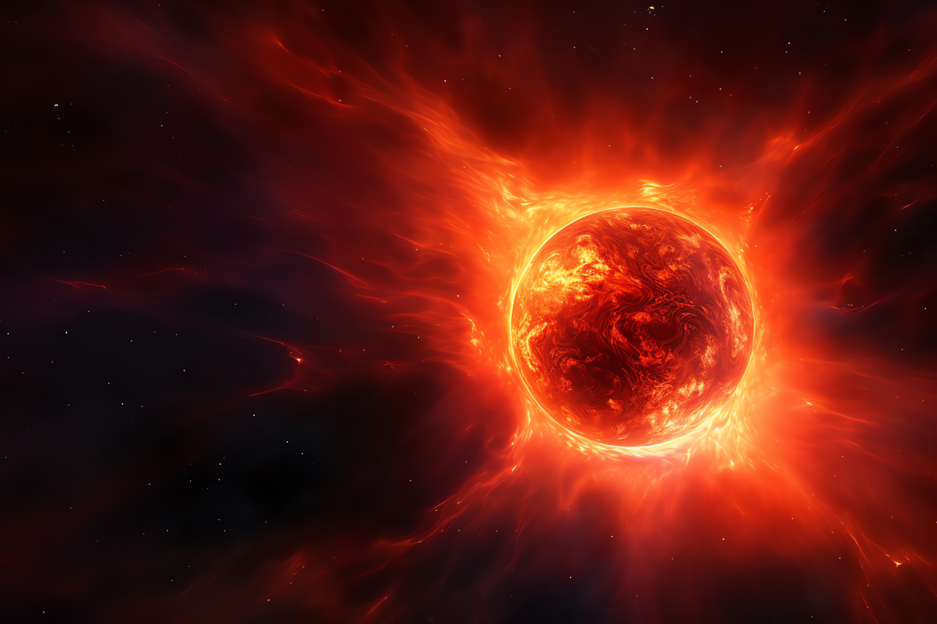 Betelgeuse star close-up, Orion constellation, fiery celestial object, astronomically significant, red giant size, HD Desktop Image