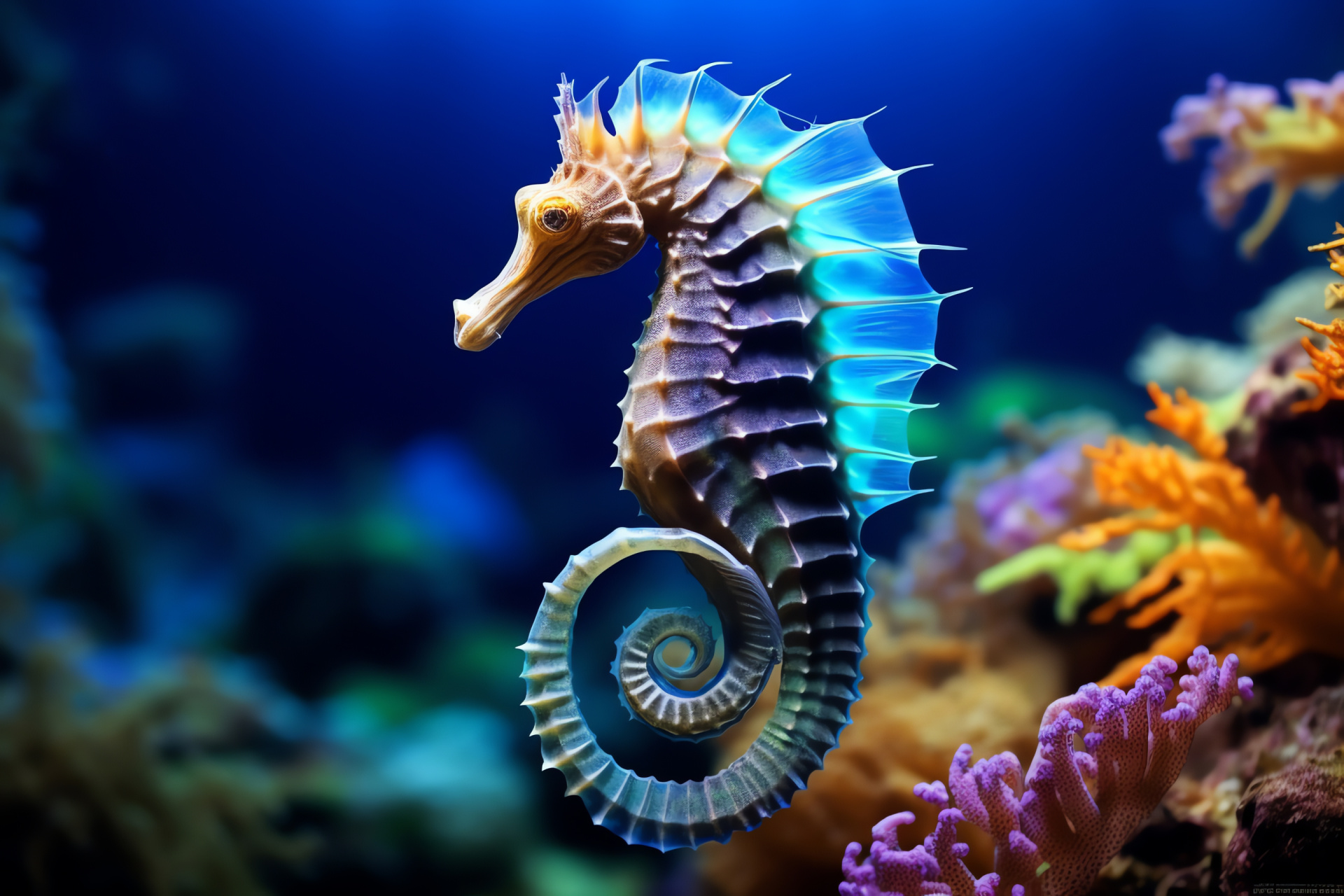 seahorse, violet gaze, flowing mane, blue hues, green shades, tropical environment, HD Desktop Wallpaper