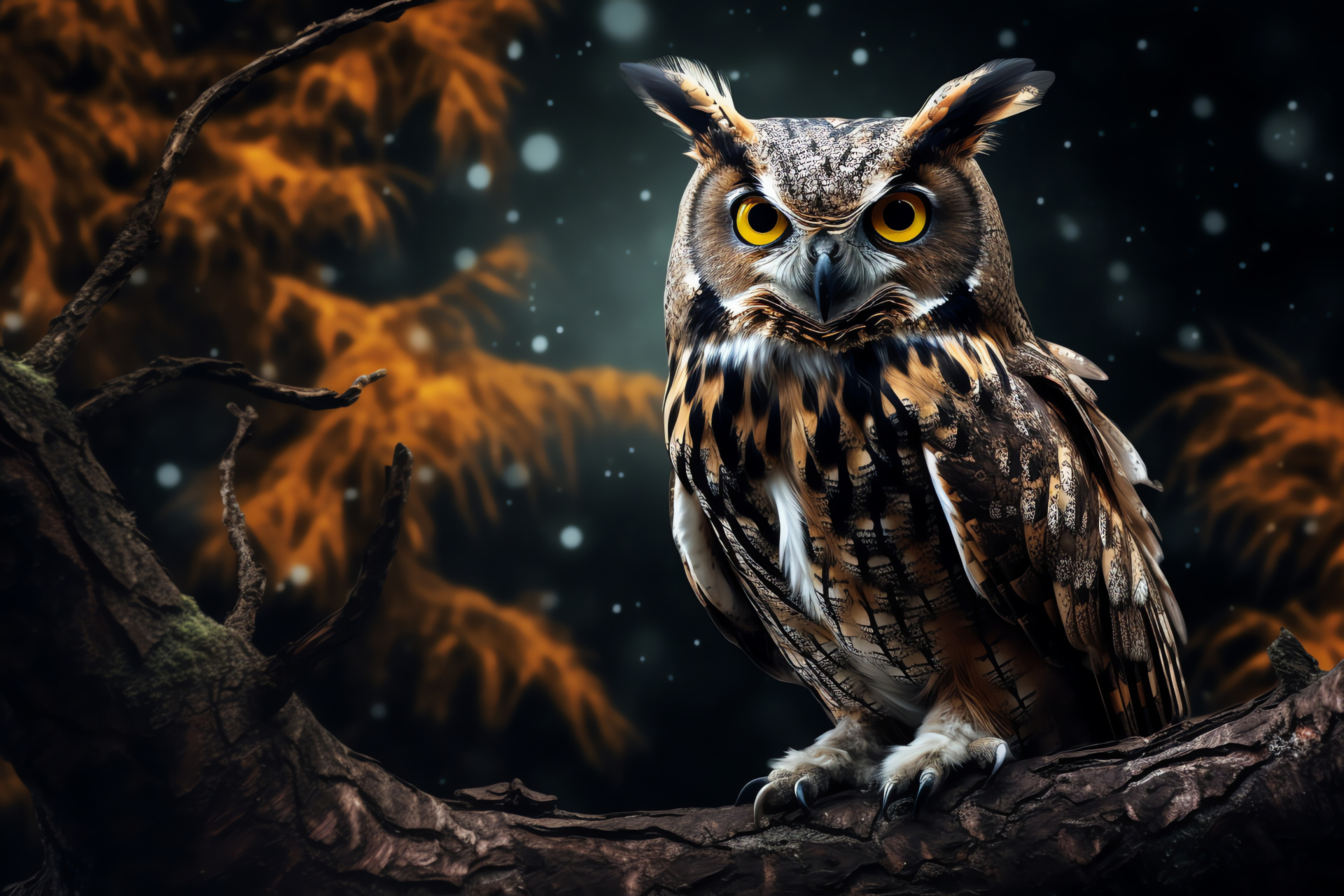 Nocturnal owl species, raptor in habitat, bird of prey, woodland creature, natural environment, HD Desktop Wallpaper