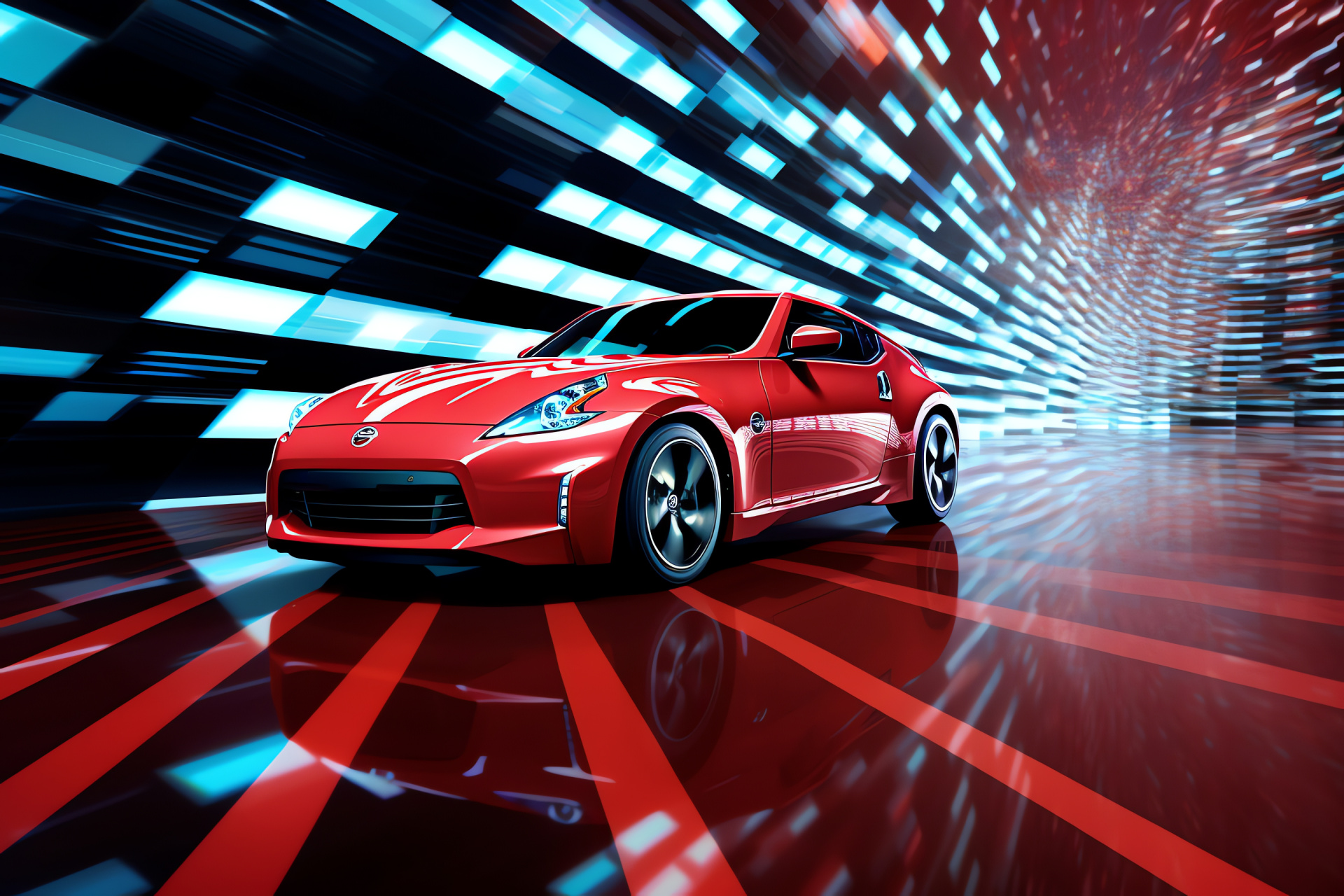 Red Nissan exhibition, geometric pattern showcase, car visual art, dynamic lines display, captivating auto, HD Desktop Image