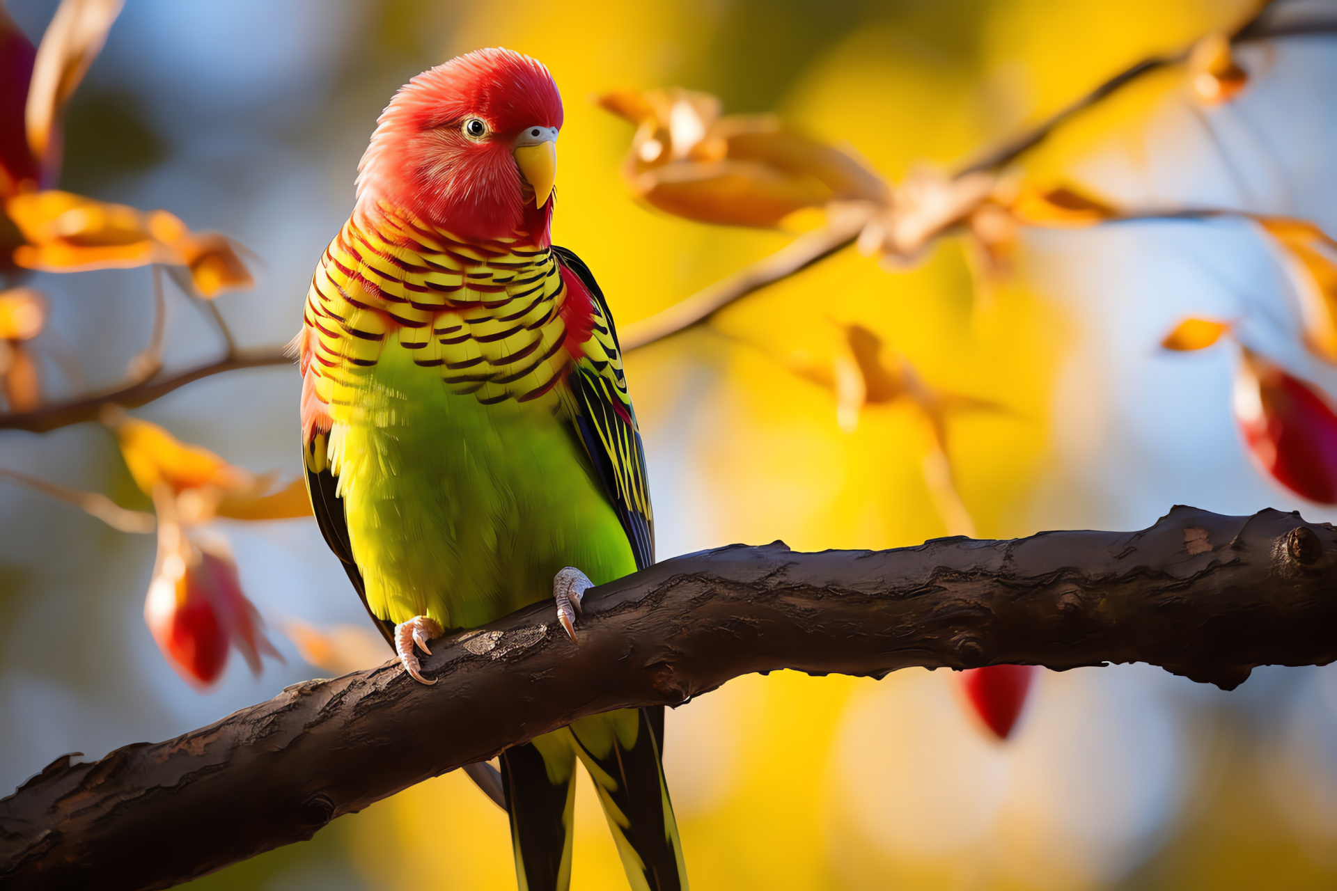 Parakeet, red feathers, orchard setting, colorful bird, warm sunlight, HD Desktop Wallpaper