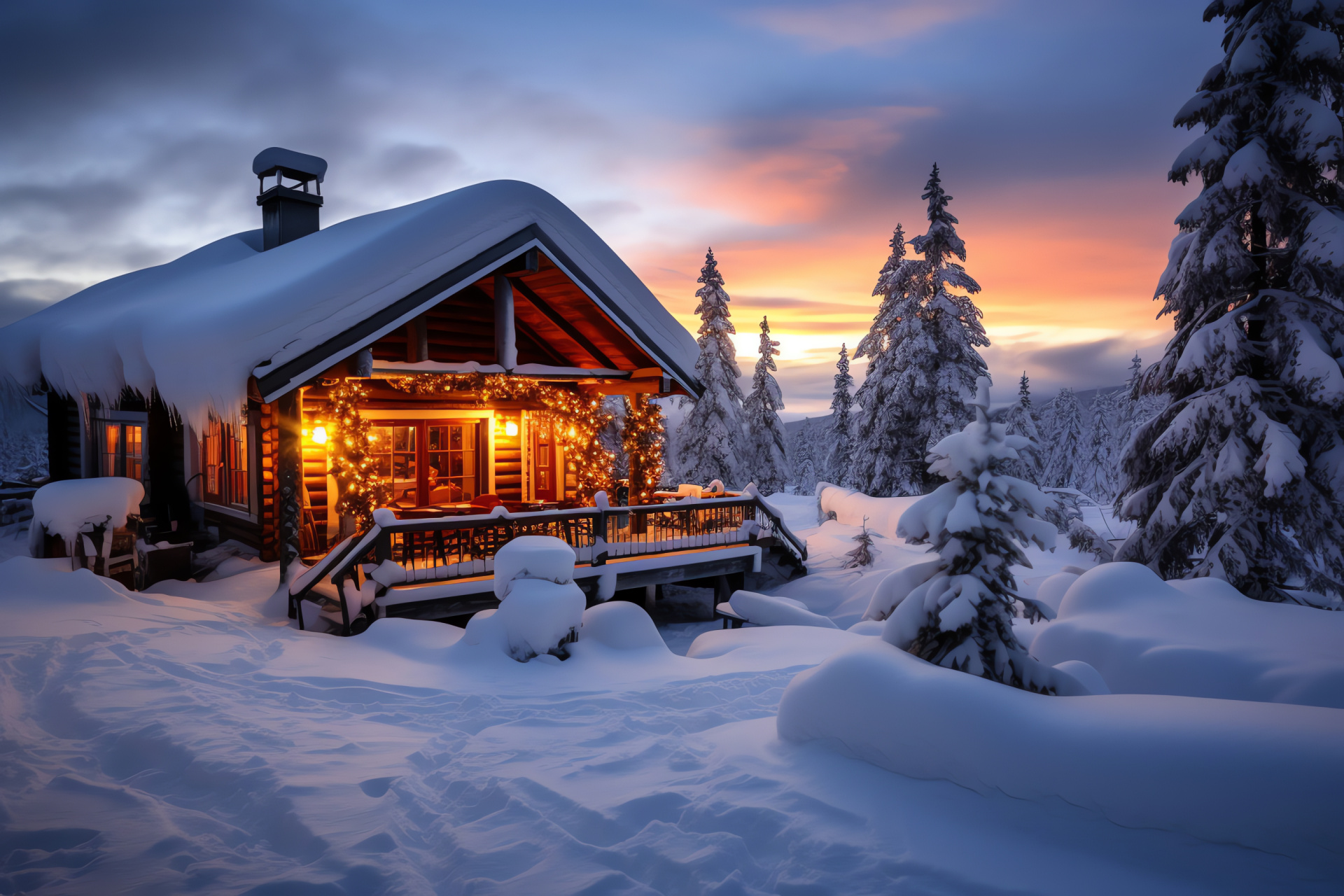 Arctic retreat, Finnish province, Crystal flakes, Log home, Forest landscape, HD Desktop Image