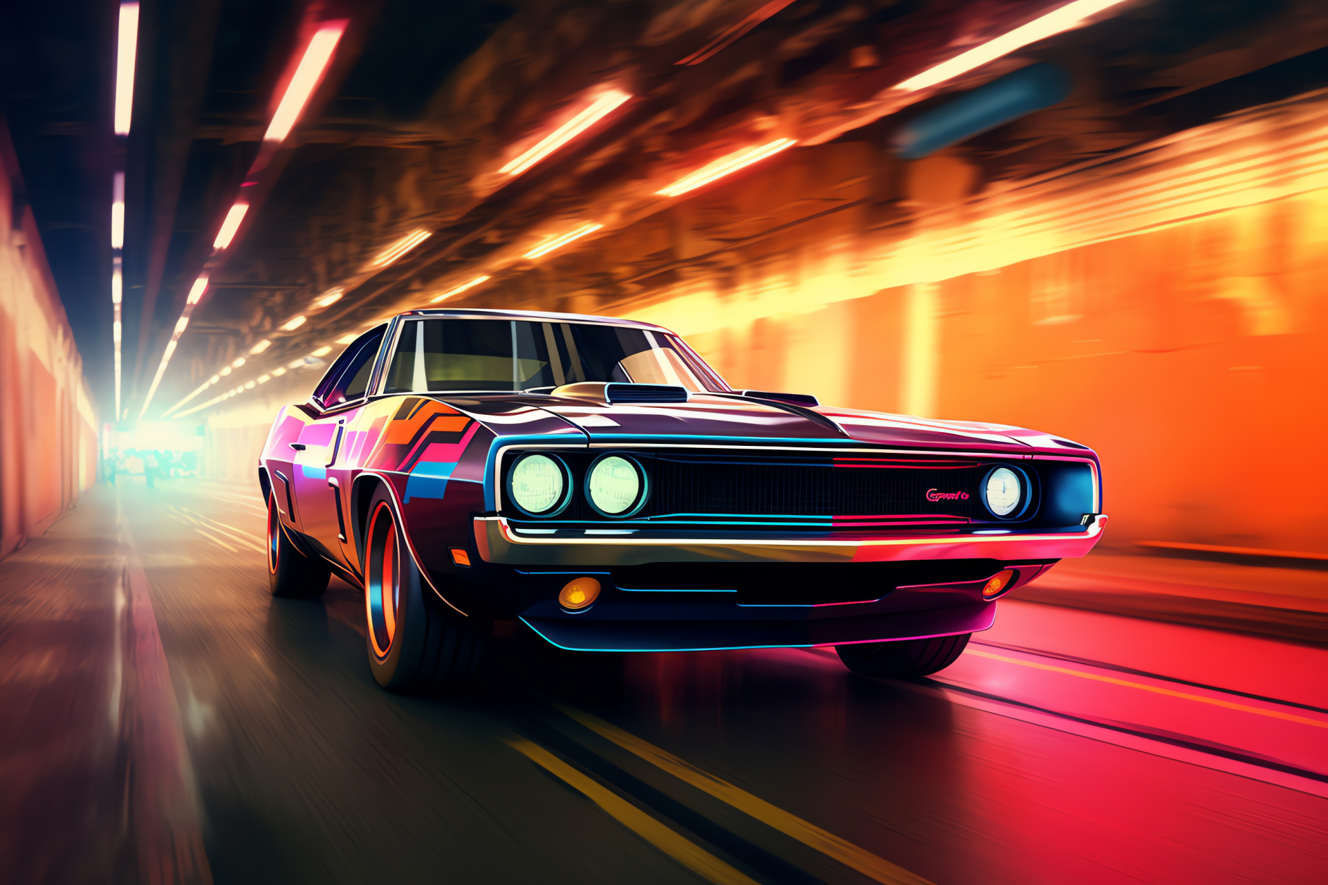 Muscle car frame, Future city visualization, Neon glow ambiance, Sci-fi urban touch, Transportation evolution, HD Desktop Wallpaper