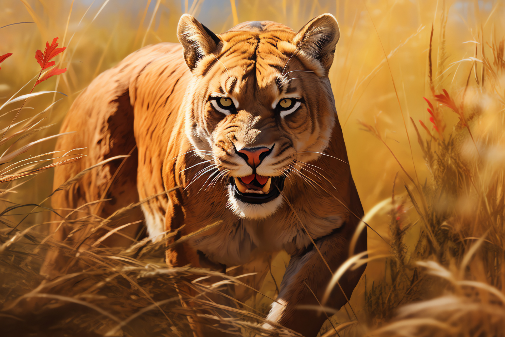 Ice Age predator, Sabertoothed feline, Primeval hunter, Majestic fauna, Savannah landscape, HD Desktop Image