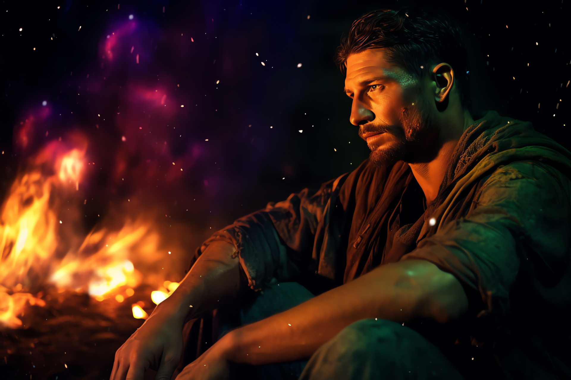 Rebel commander Spartacus, Nighttime guerrilla encampment, Campfire camaraderie, Starlit strategy session, Warrior fatigue, HD Desktop Wallpaper