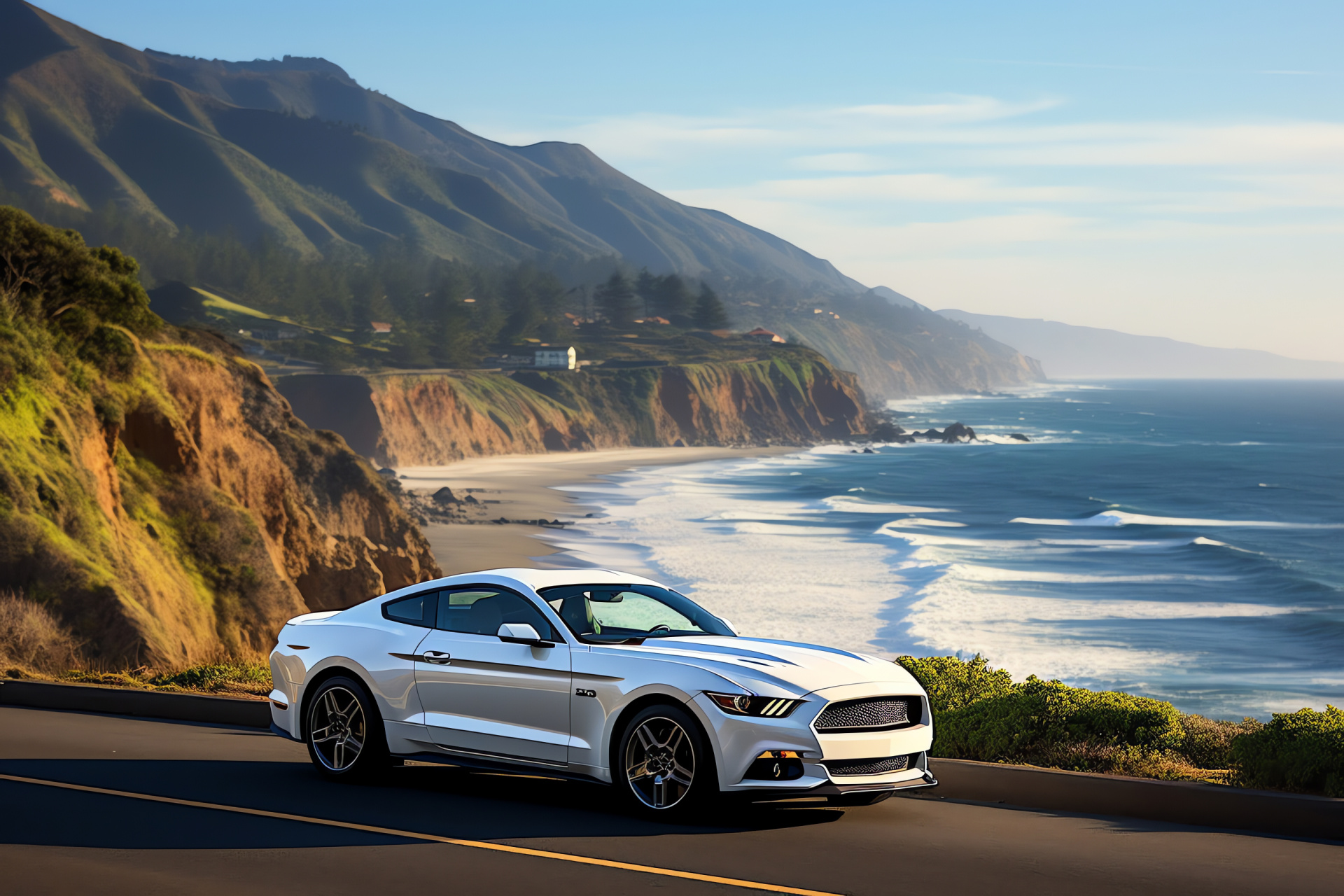 Aerodynamic Mustang GT350, California coastal journey, Engineered for high-speed, Sculpted vehicle silhouette, Pacific tarmac sprinter, HD Desktop Image