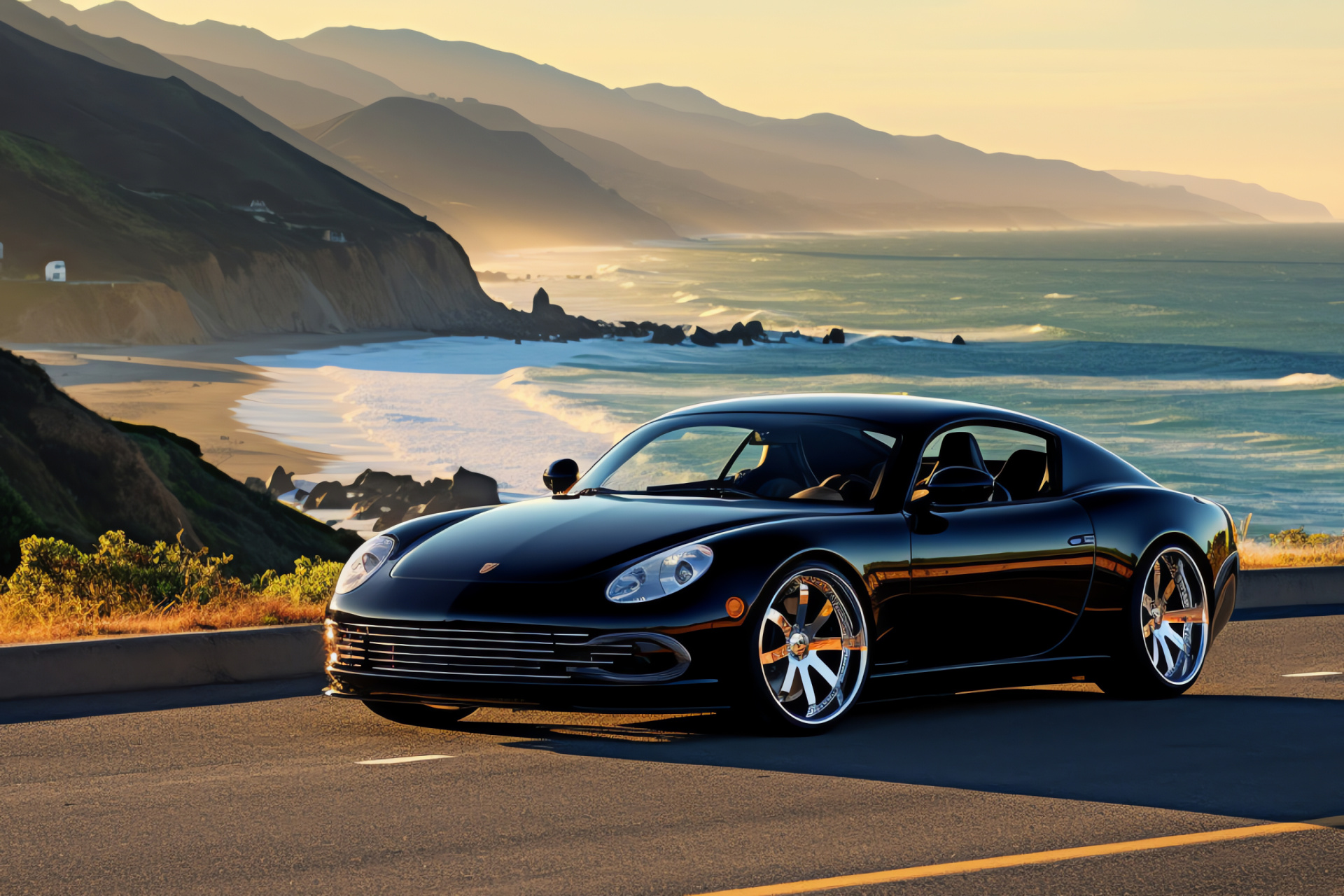 Slammed car California, Coastline journey, Sporty lowers, Coastal driving, Highway spectacle, HD Desktop Image