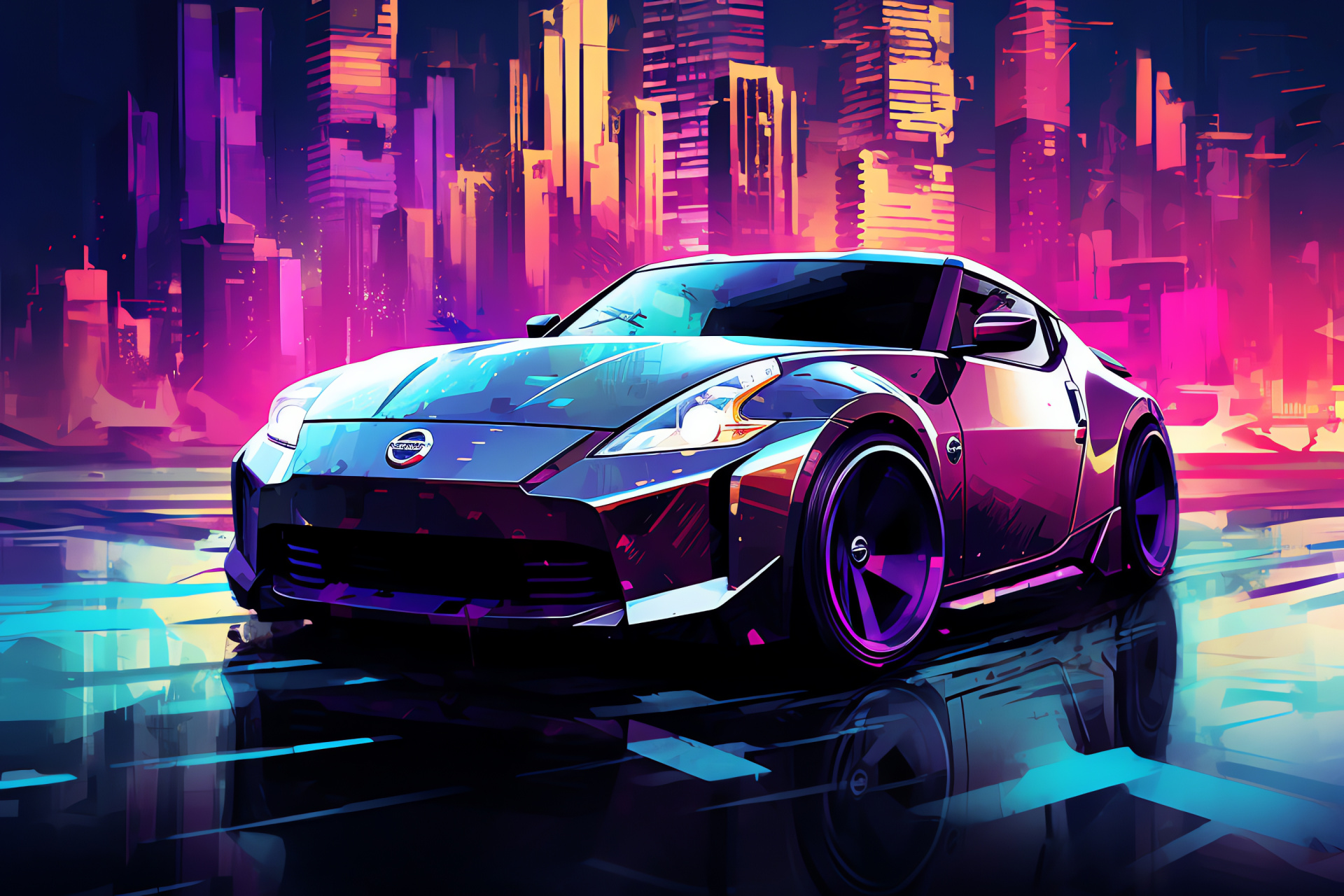 Nissan 370Z vehicle, Cyberpunk city aerial, Futuristic driving concept, Neon cityscape, Sci-fi environment, HD Desktop Wallpaper