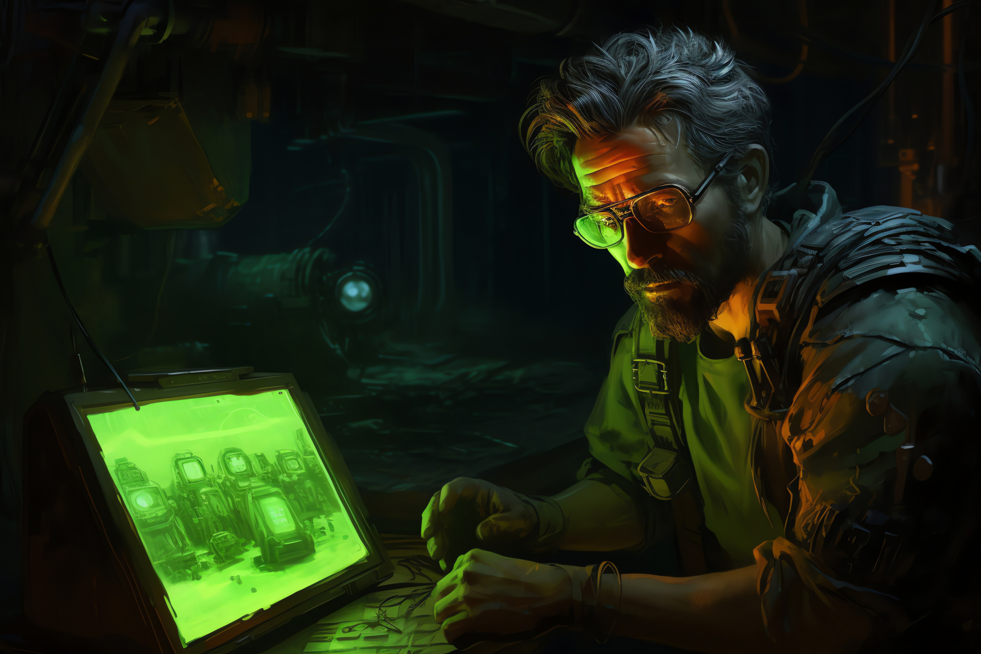 Futuristic gadget Pip Boy, Ruined urban game setting, Resistant game rebels, Survivor with device, Game world projection, HD Desktop Image