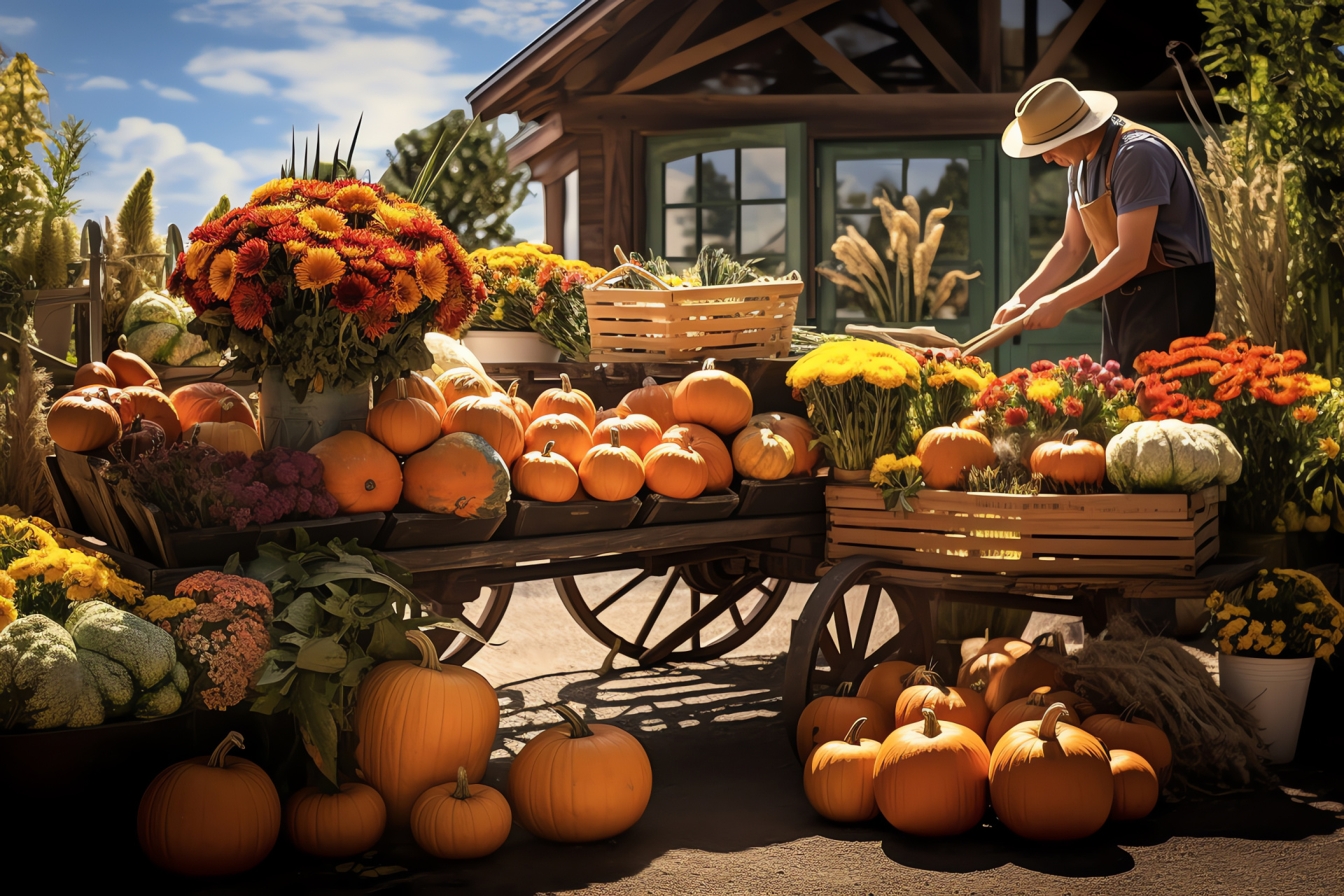 Agricultural pumpkin, farm produce, outdoor bazaar, commerce individual, timber trolley, HD Desktop Image