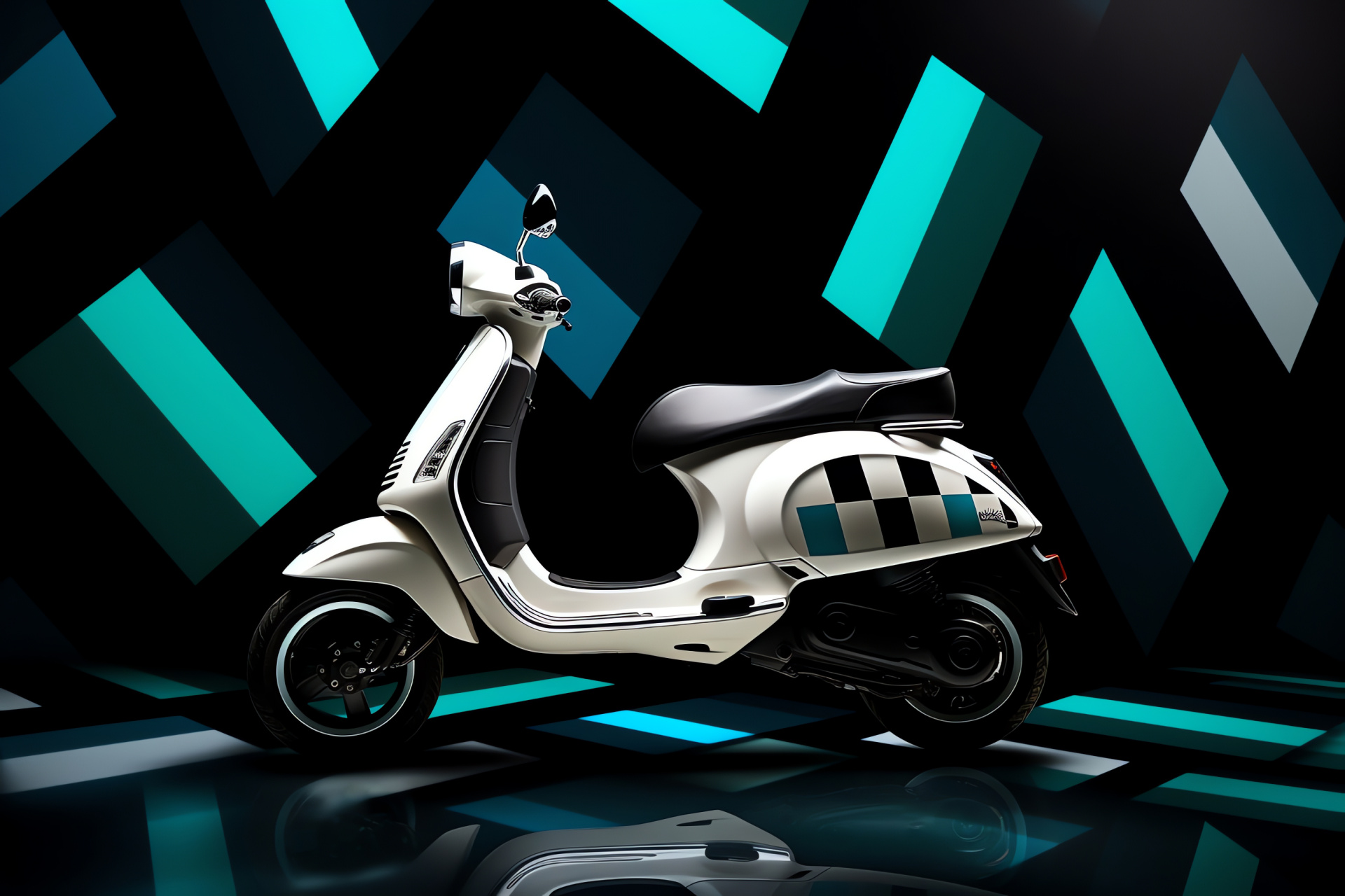 Vespa LX 125 Italian scooter, Two-tone color scheme, Urban transport icon, Geometric patterns, Stylish side view, HD Desktop Wallpaper